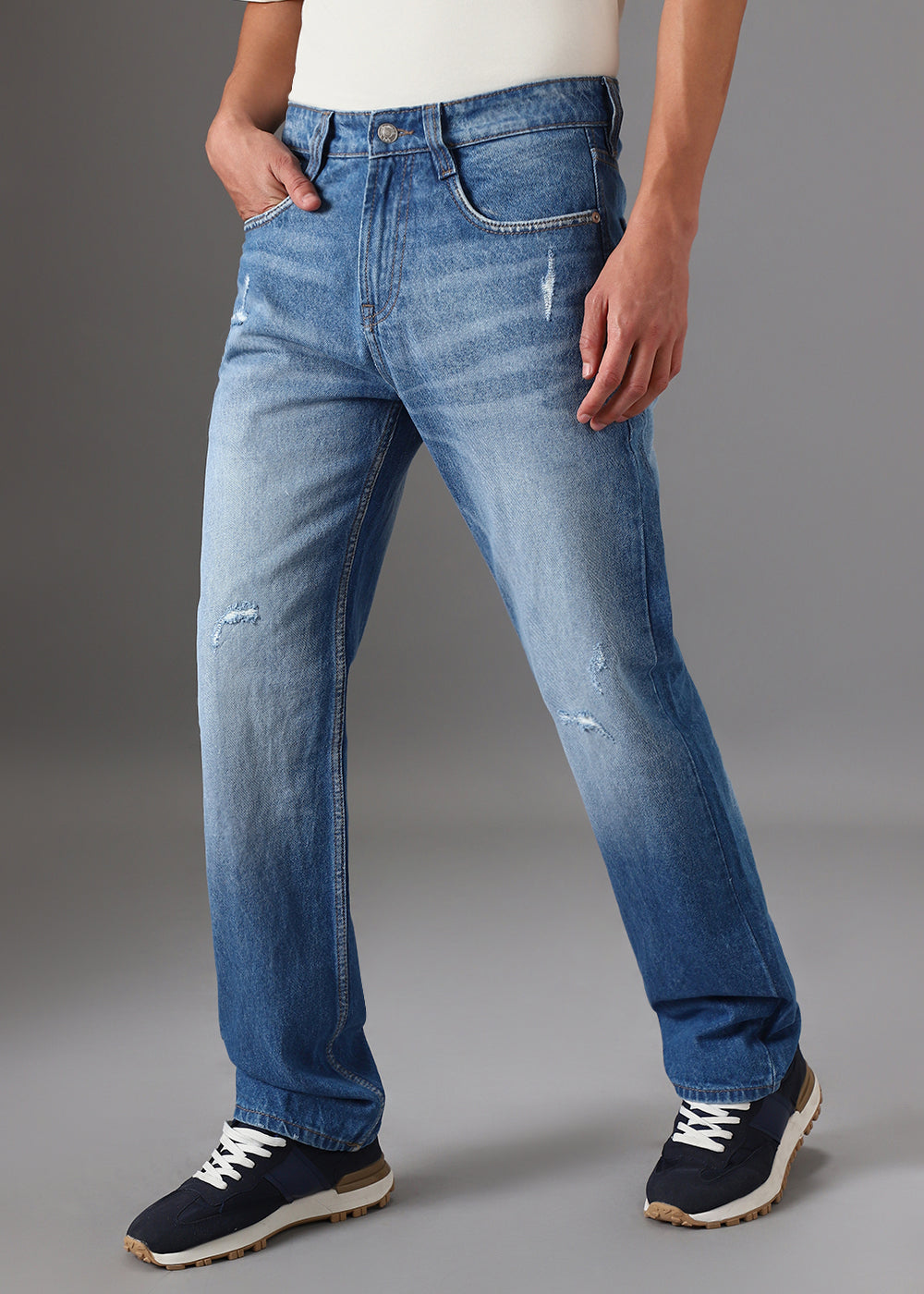 Ribbed Blue Straight Fit Denim