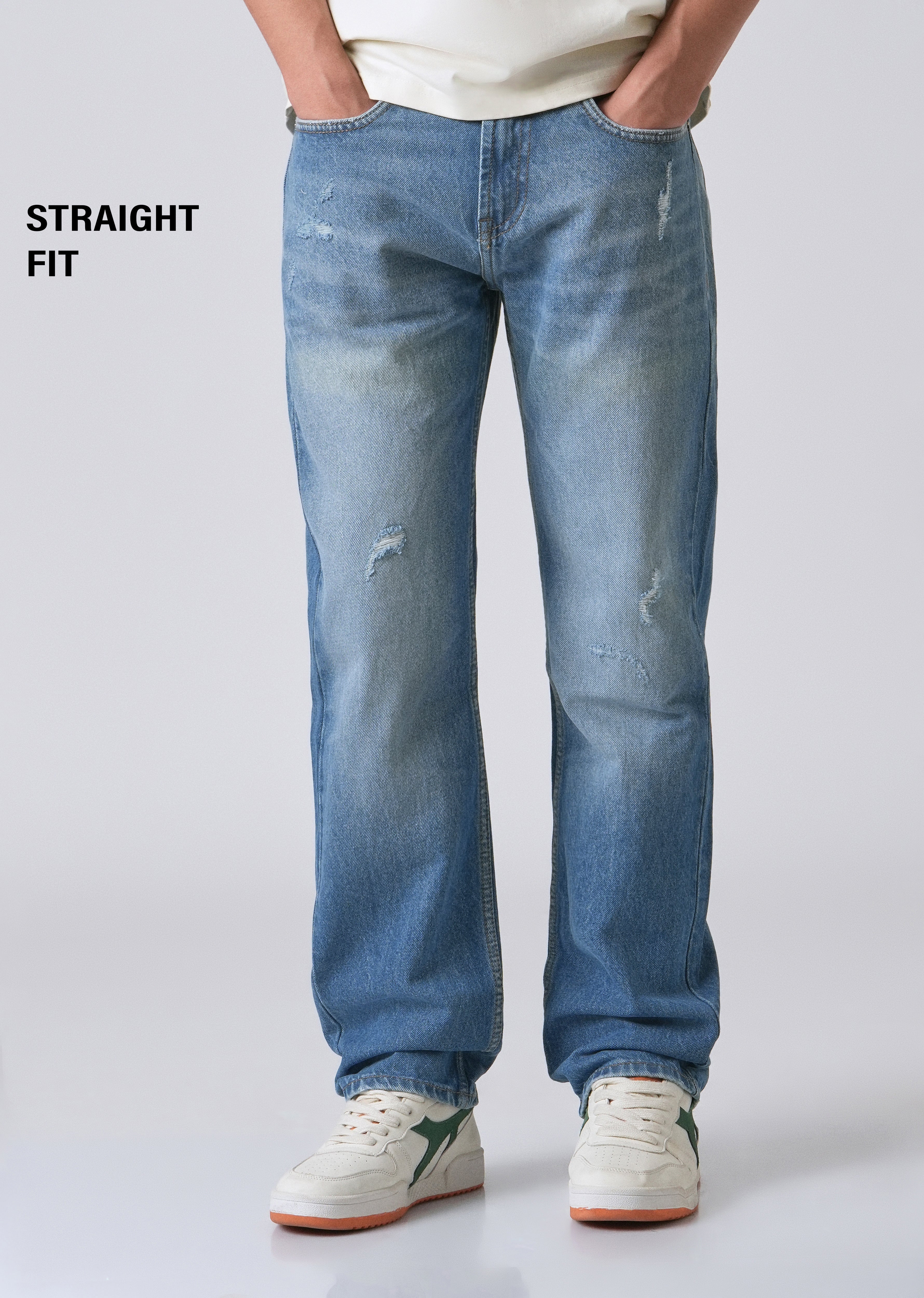 Ripped Blue Straight Fit Denim