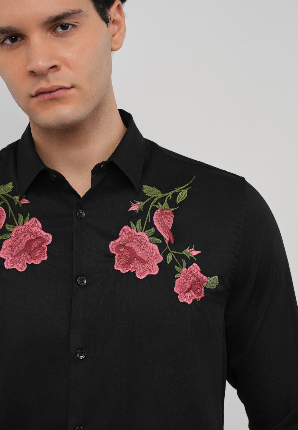 Rose Embroidered Black Designer Shirt