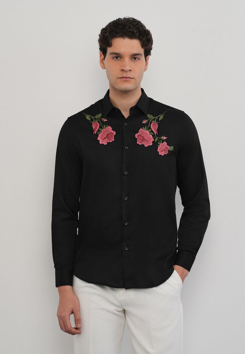 Rose Embroidered Black Designer Shirt