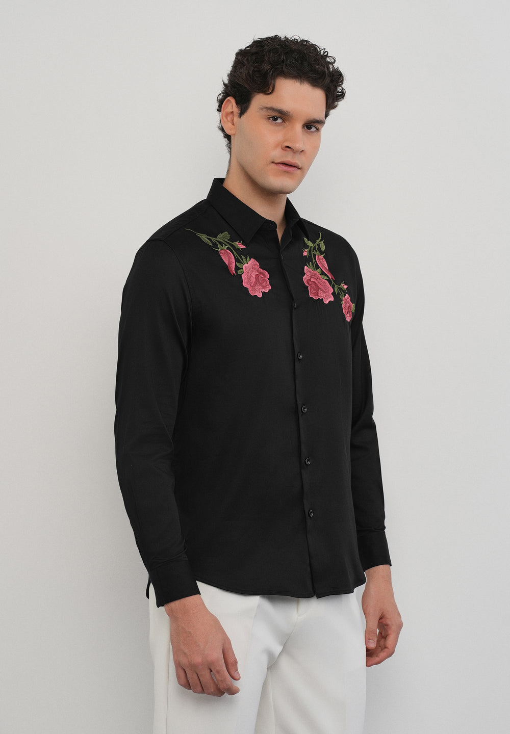 Rose Embroidered Black Designer Shirt