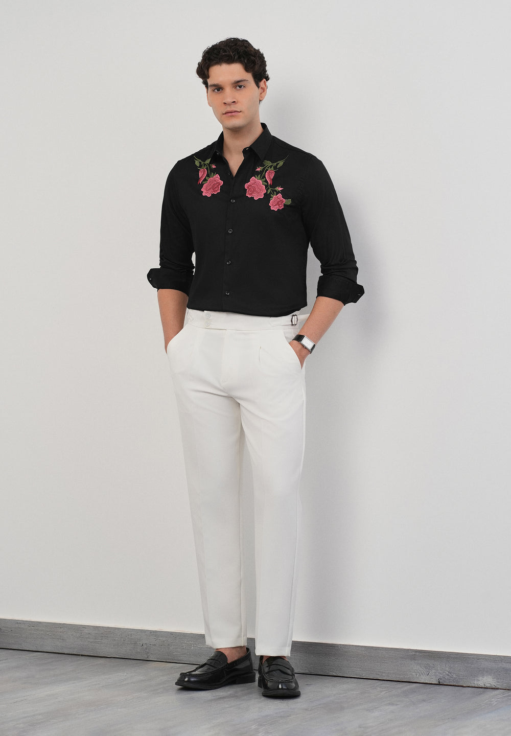 Rose Embroidered Black Designer Shirt