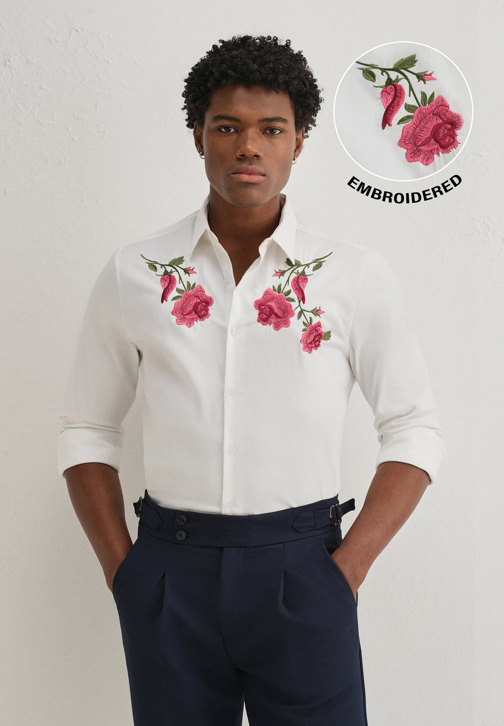Rose Embroidered White Designer Shirt
