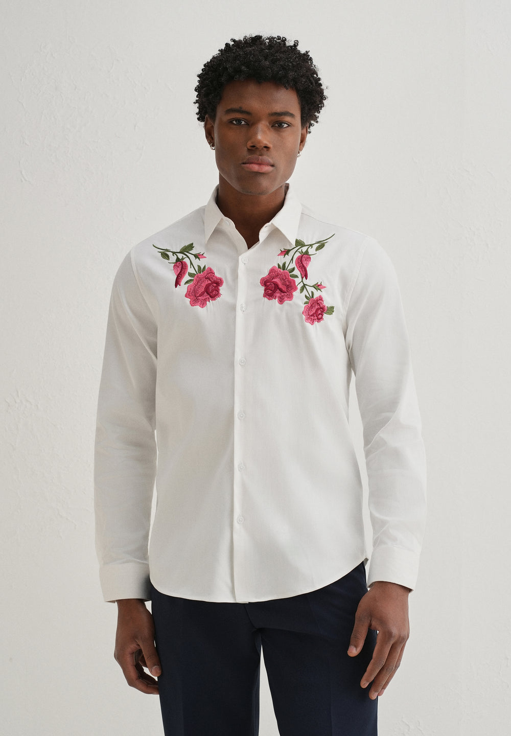 Rose Embroidered White Designer Shirt