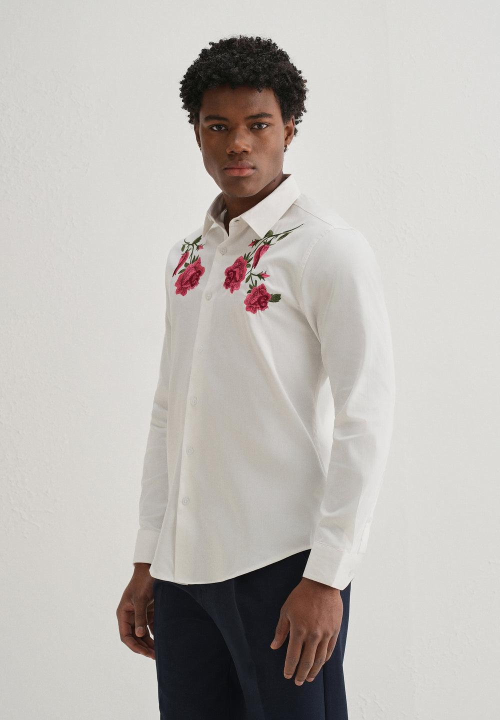 Rose Embroidered White Designer Shirt