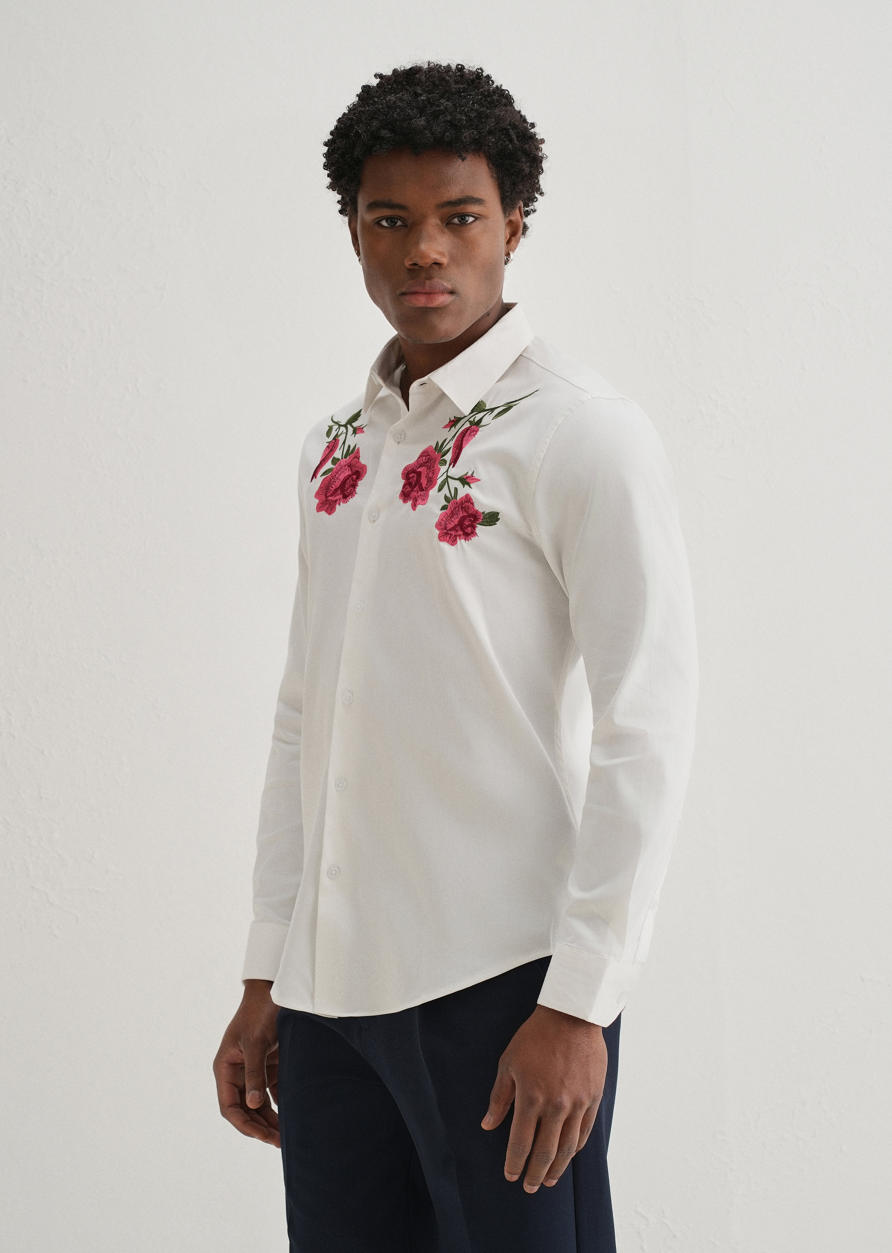 Rose Embroidered White Designer Shirt