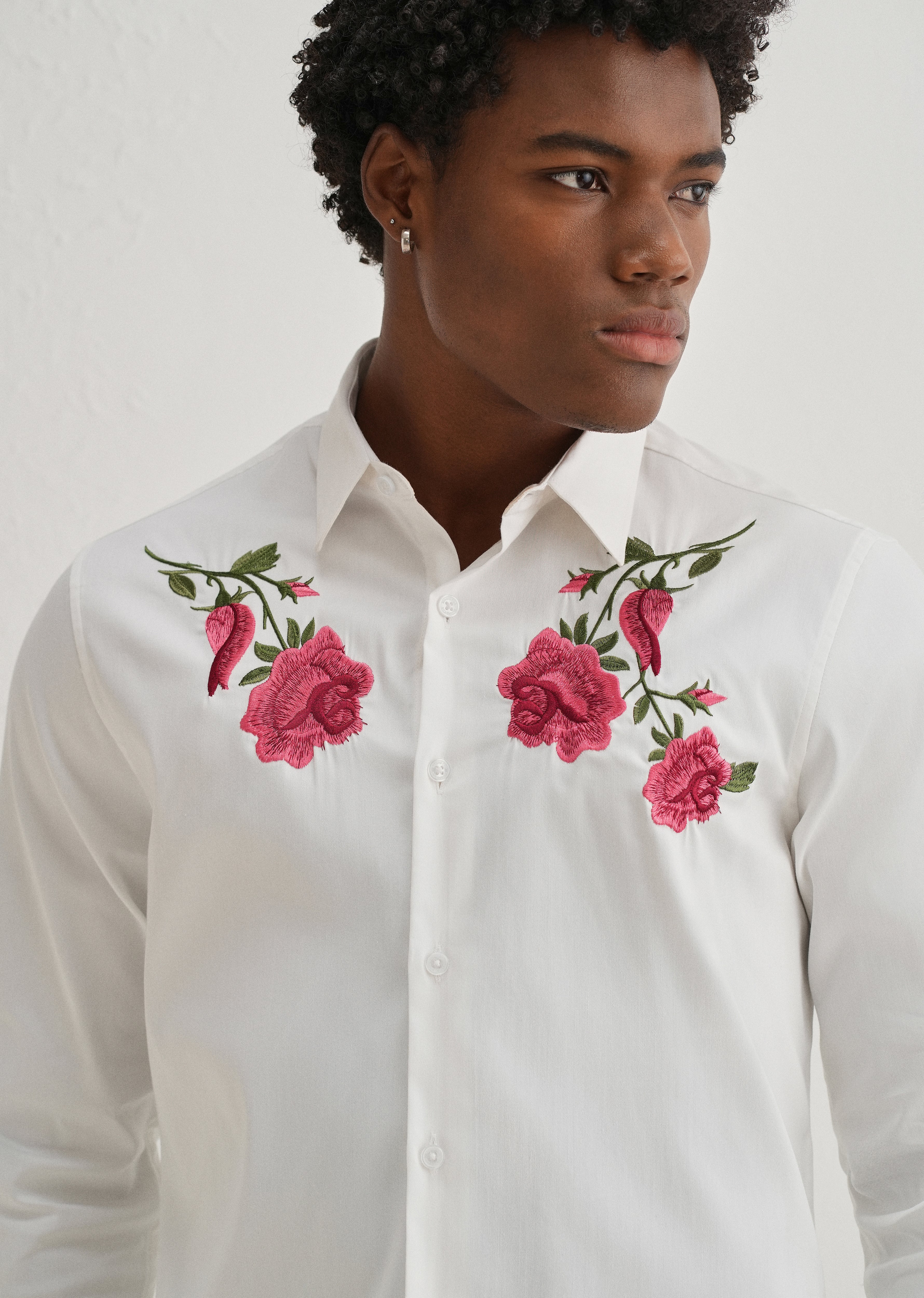 Rose Embroidered White Designer Shirt