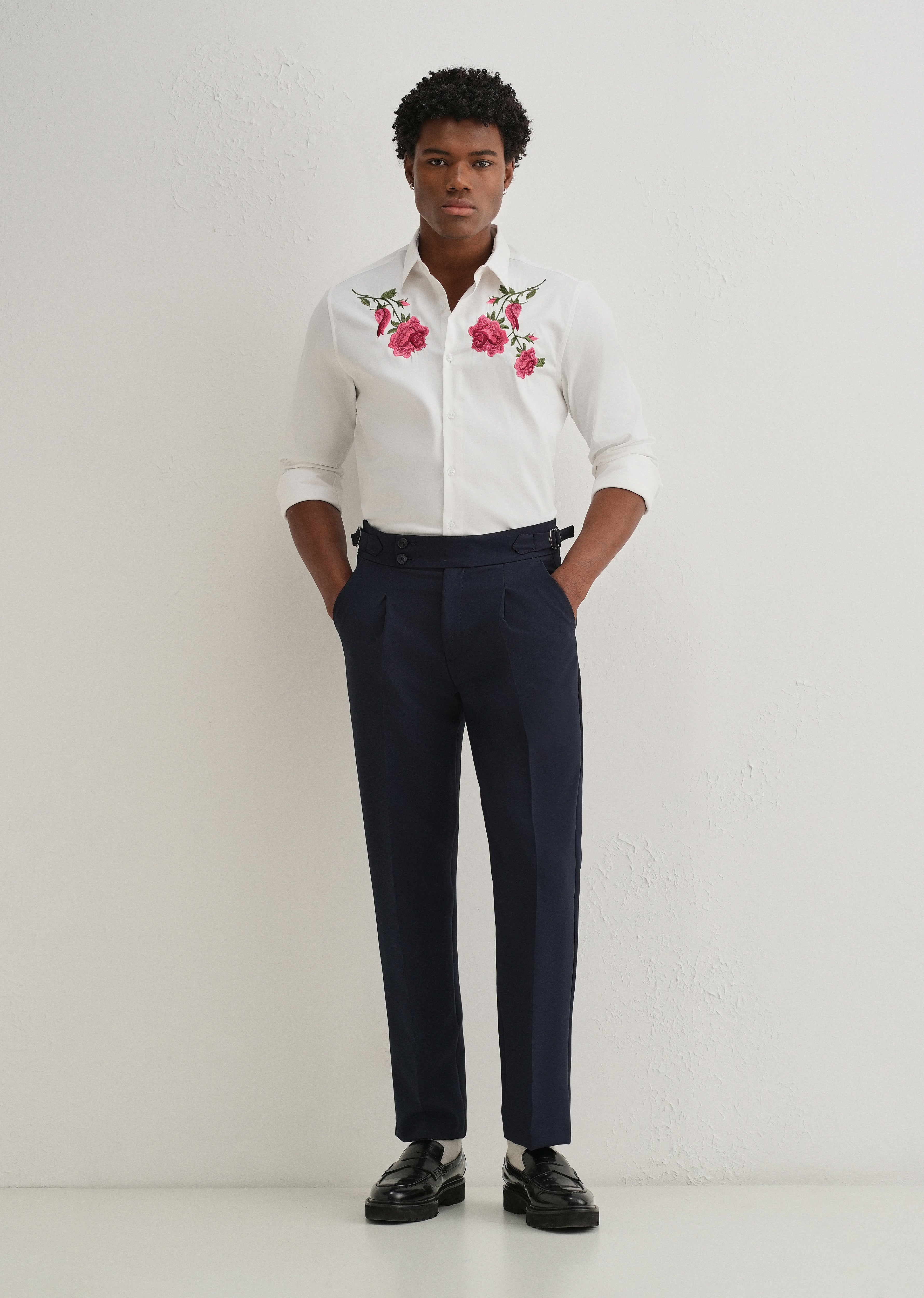 Rose Embroidered White Designer Shirt