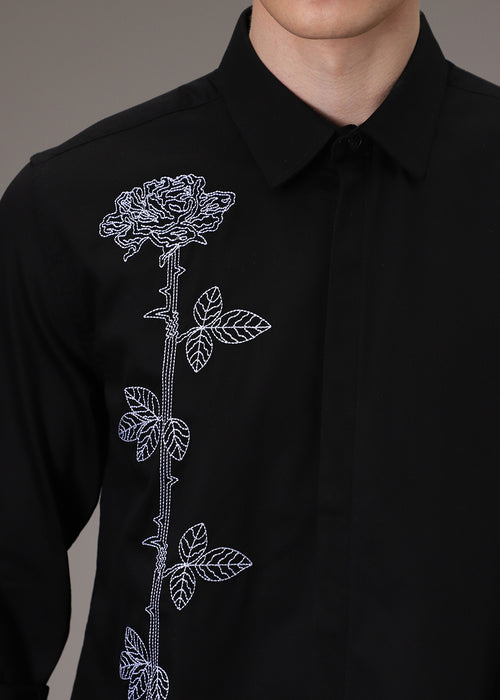 Rose Needle Work Black Shirt