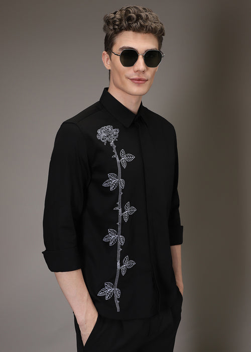 Rose Needle Work Black Shirt