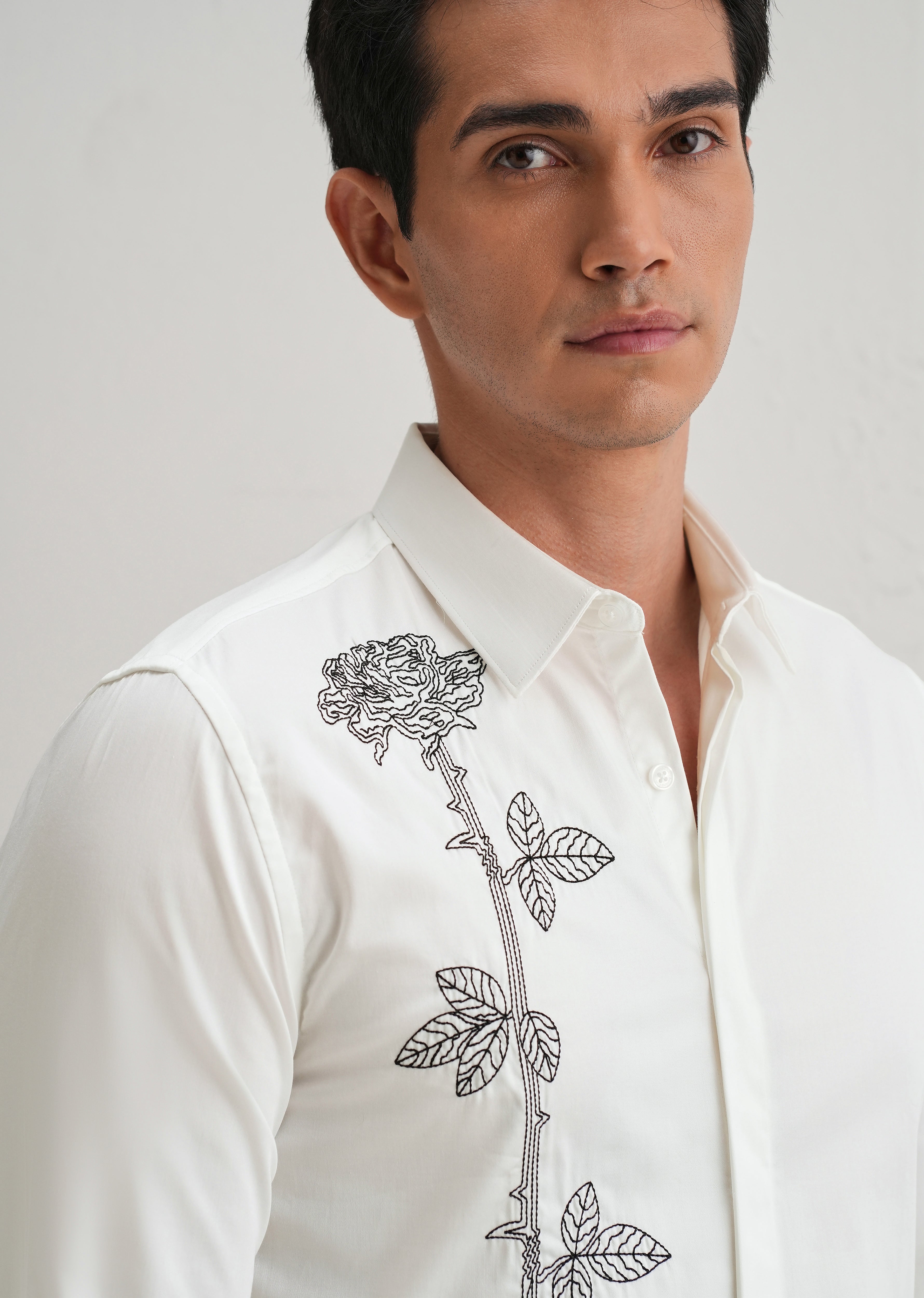 Rose Needle Work White Shirt