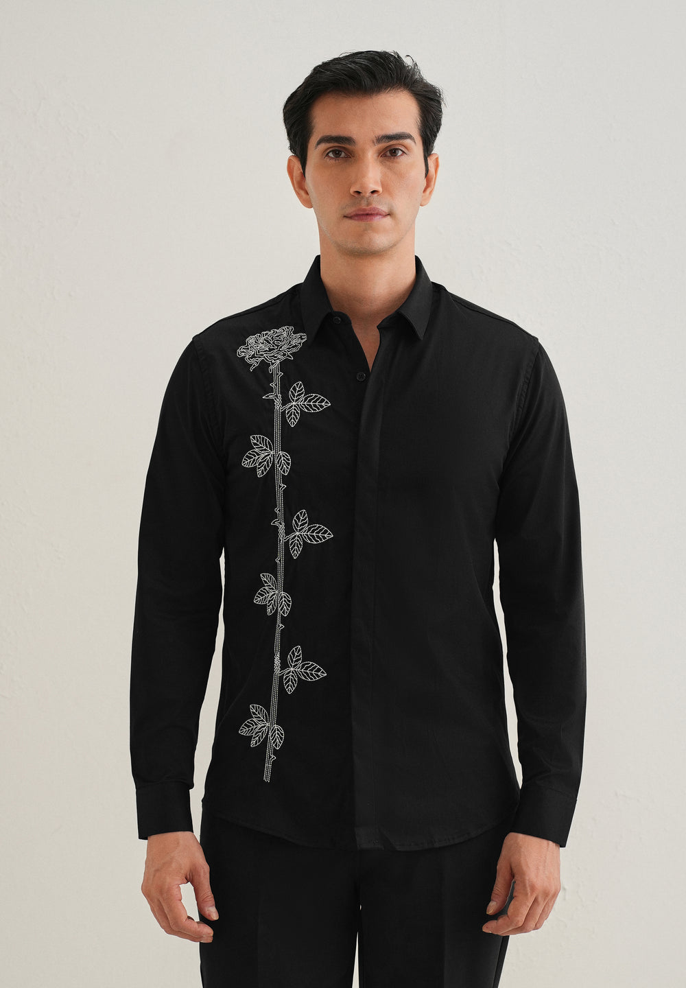 Rose Needle Work Black Shirt