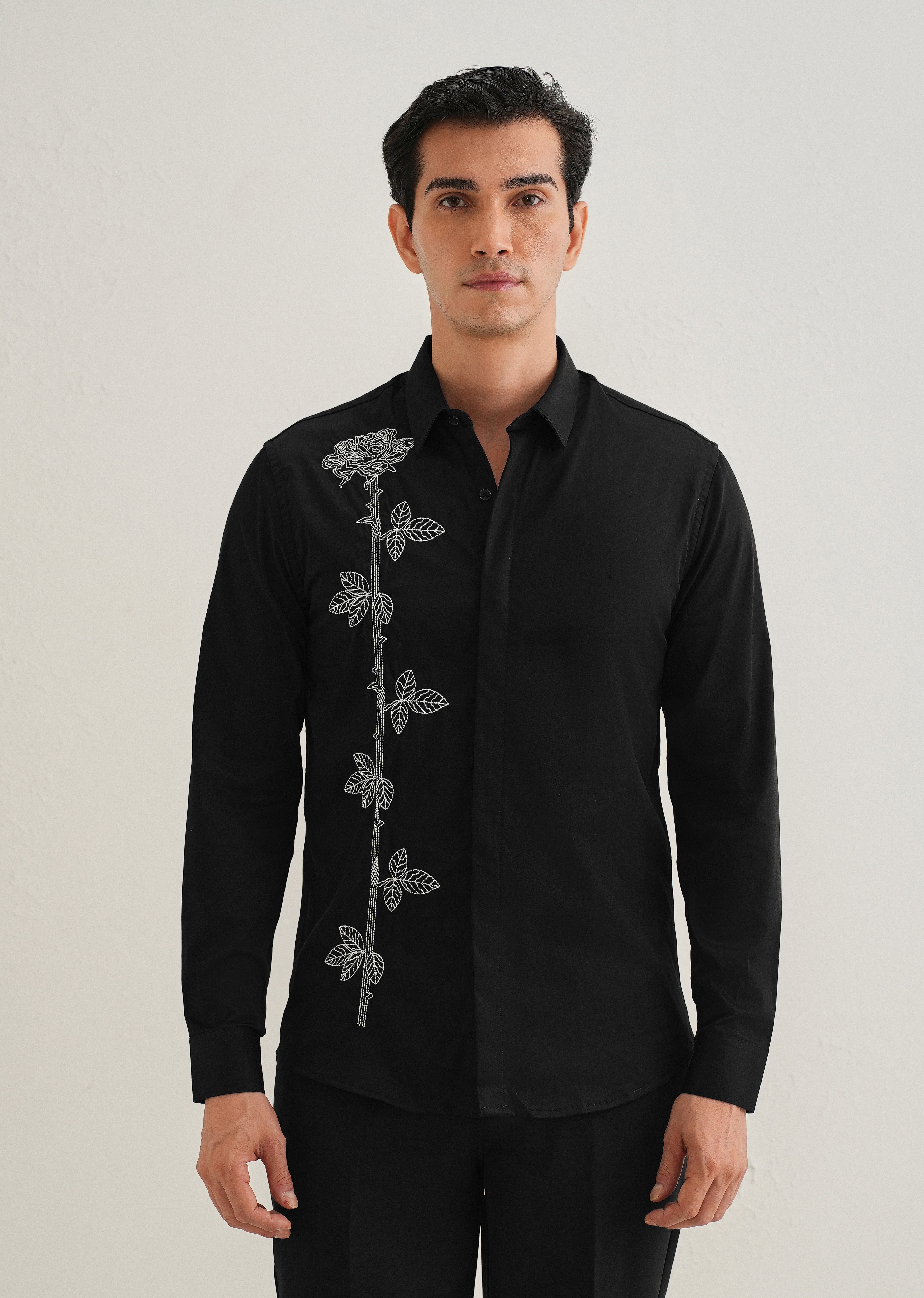 Rose Needle Work Black Shirt