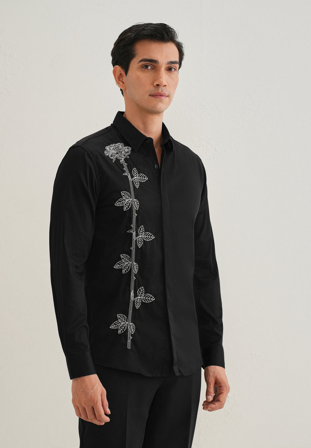 Rose Needle Work Black Shirt