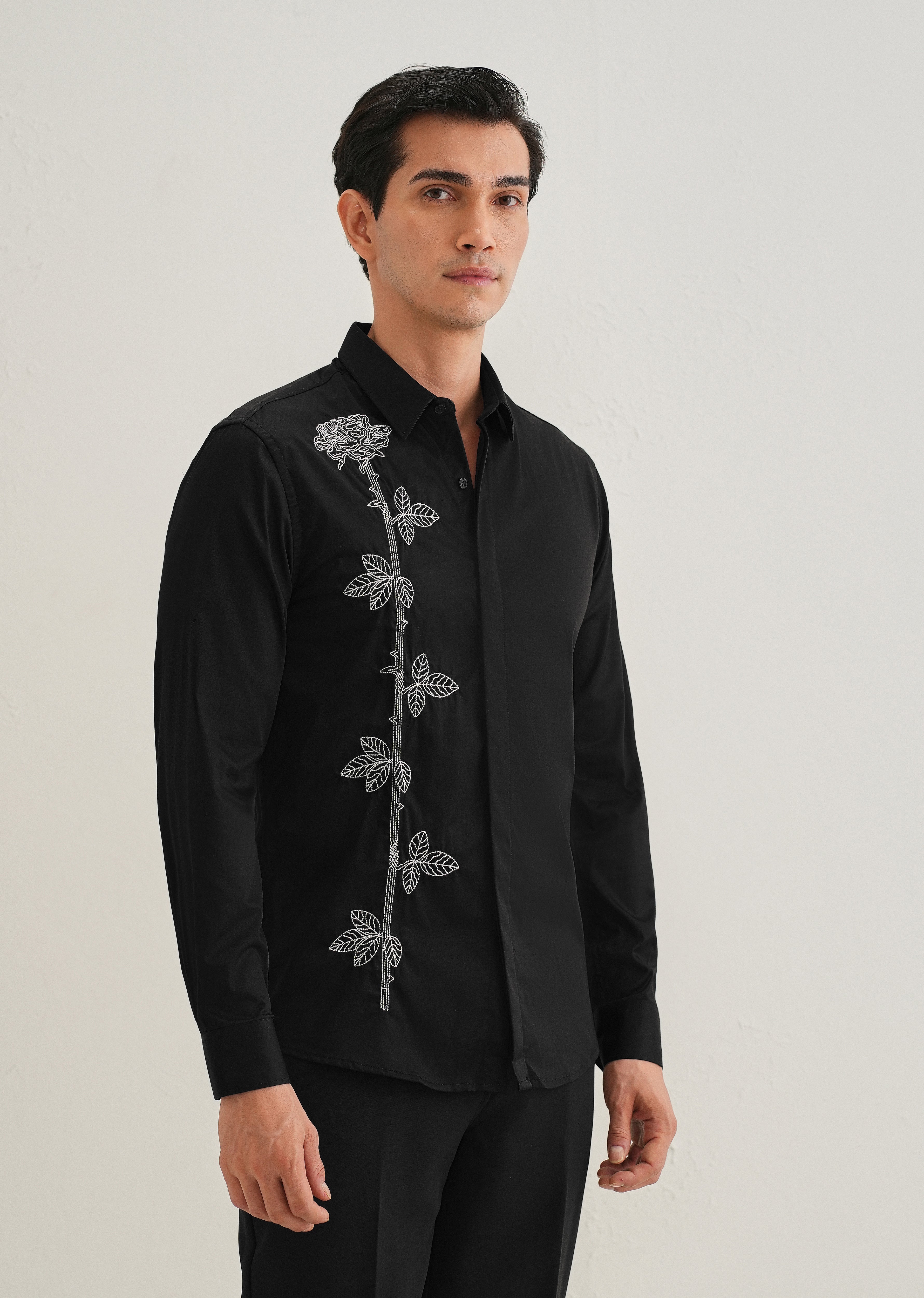 Rose Needle Work Black Shirt