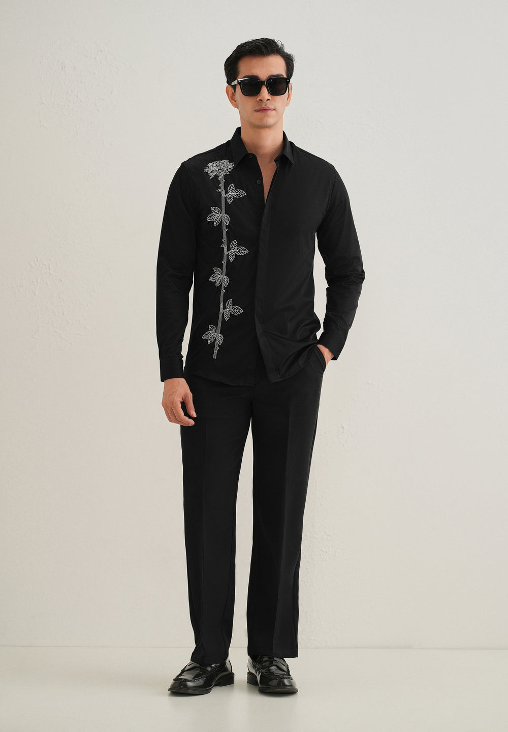 Rose Needle Work Black Shirt