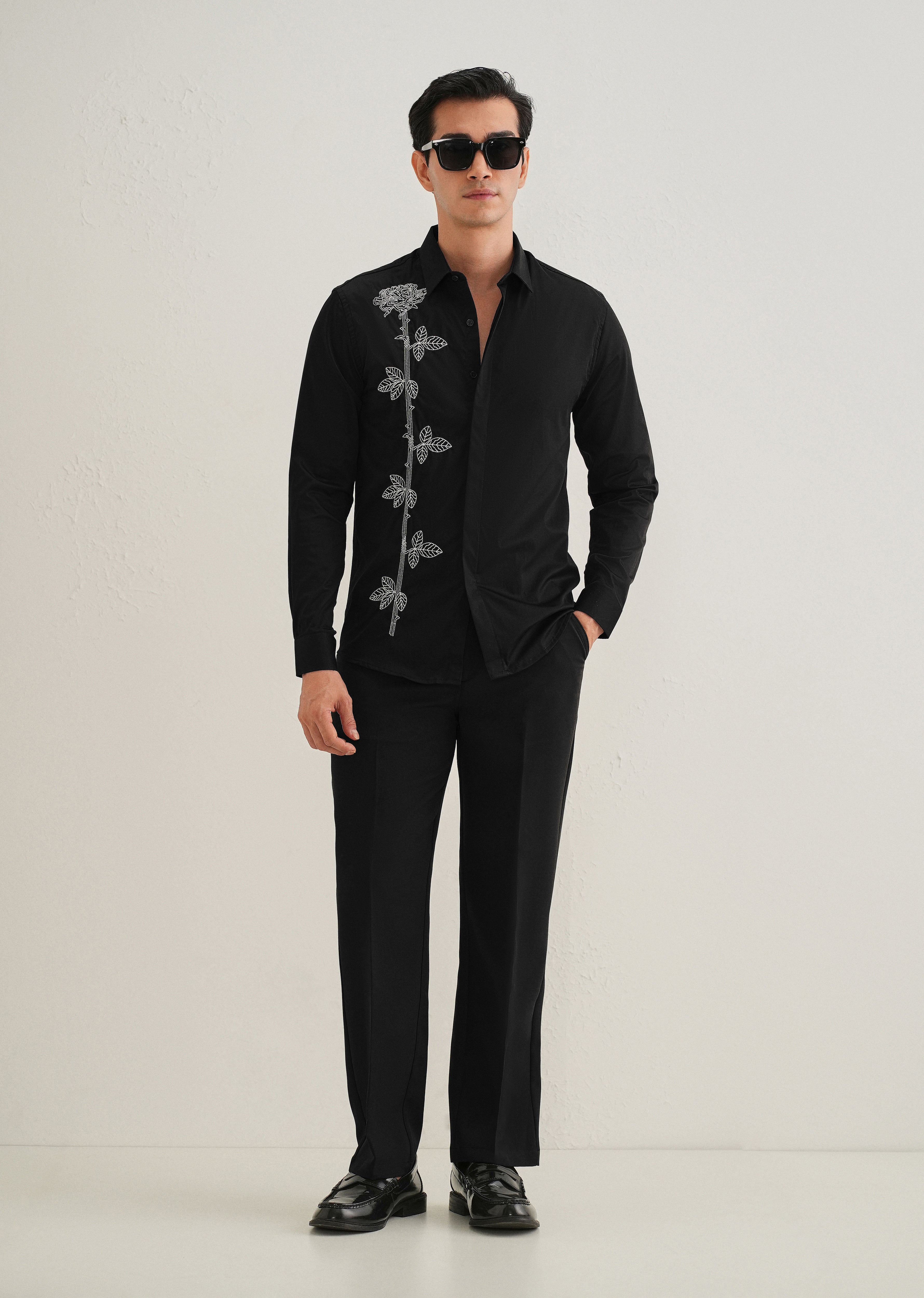 Rose Needle Work Black Shirt