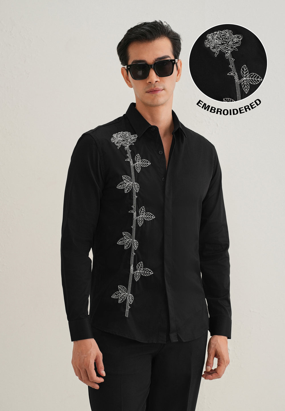 Rose Needle Work Black Shirt