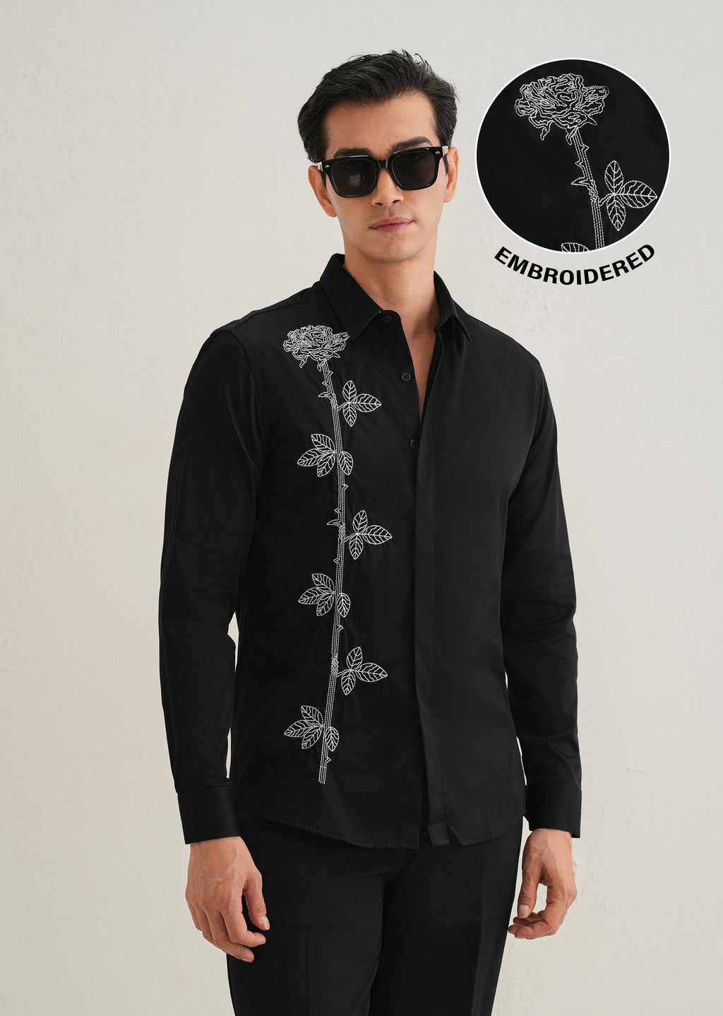 Rose Needle Work Black Designer Shirt