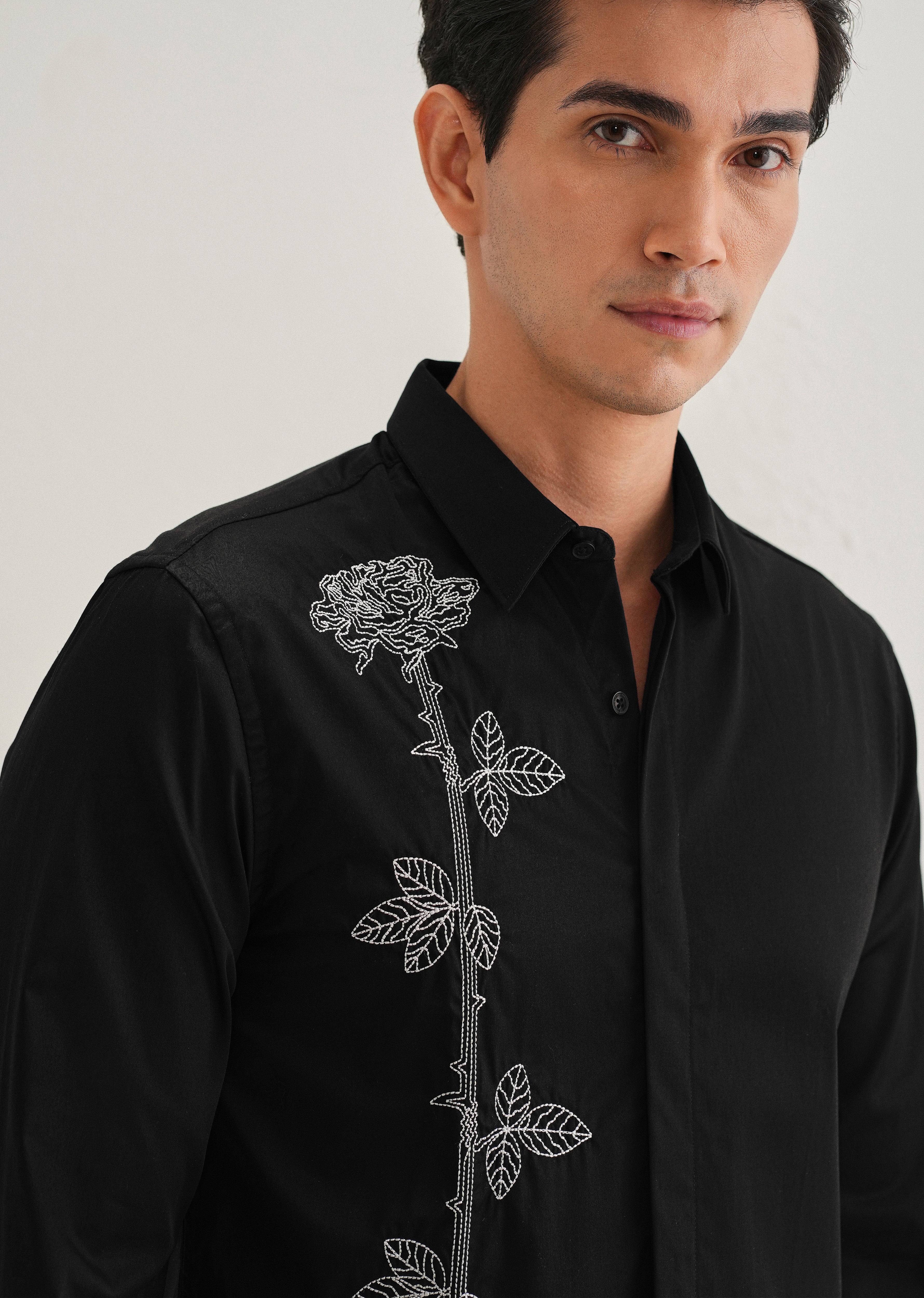 Rose Needle Work Black Shirt