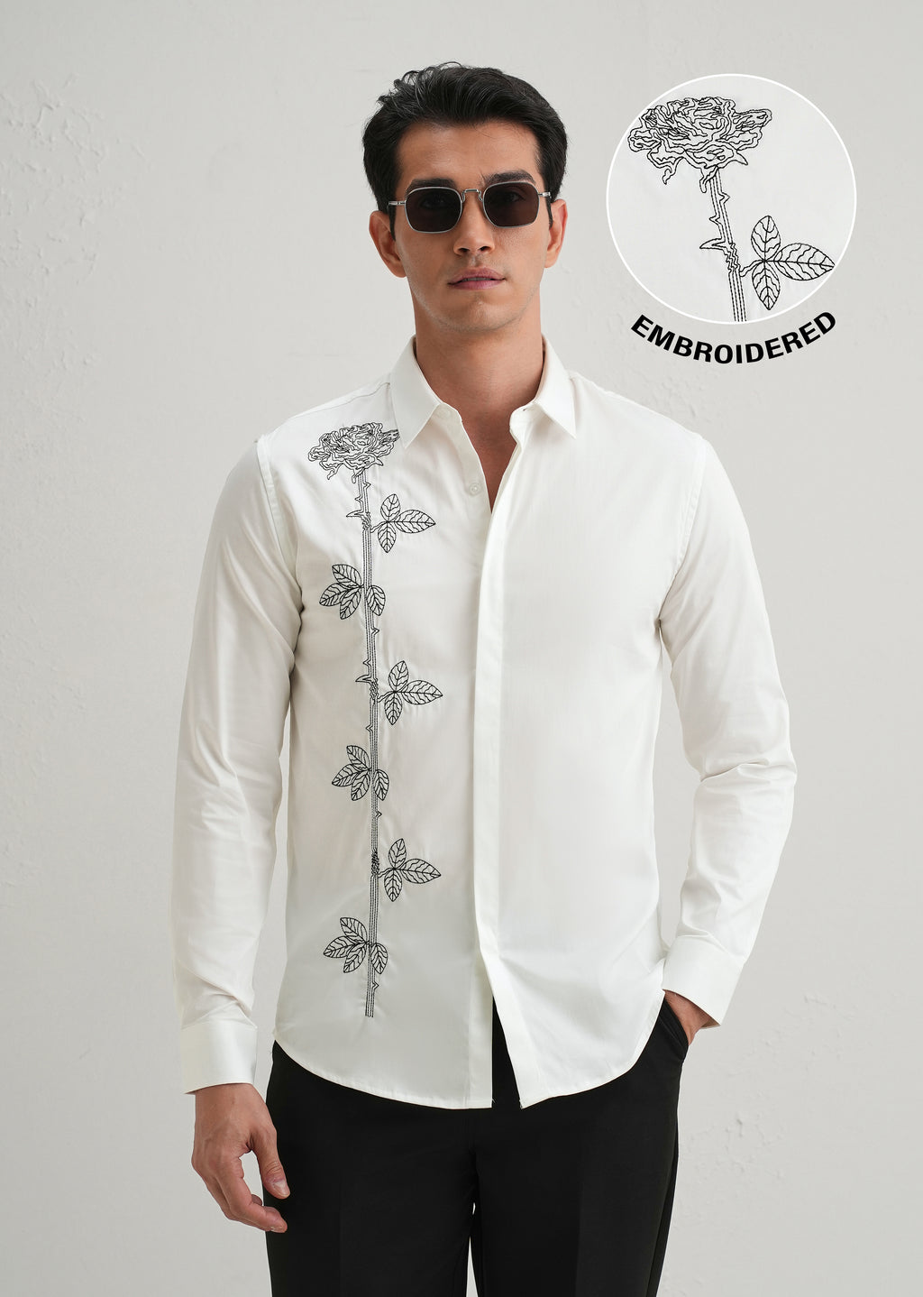 Rose Needle Work White Designer Shirt