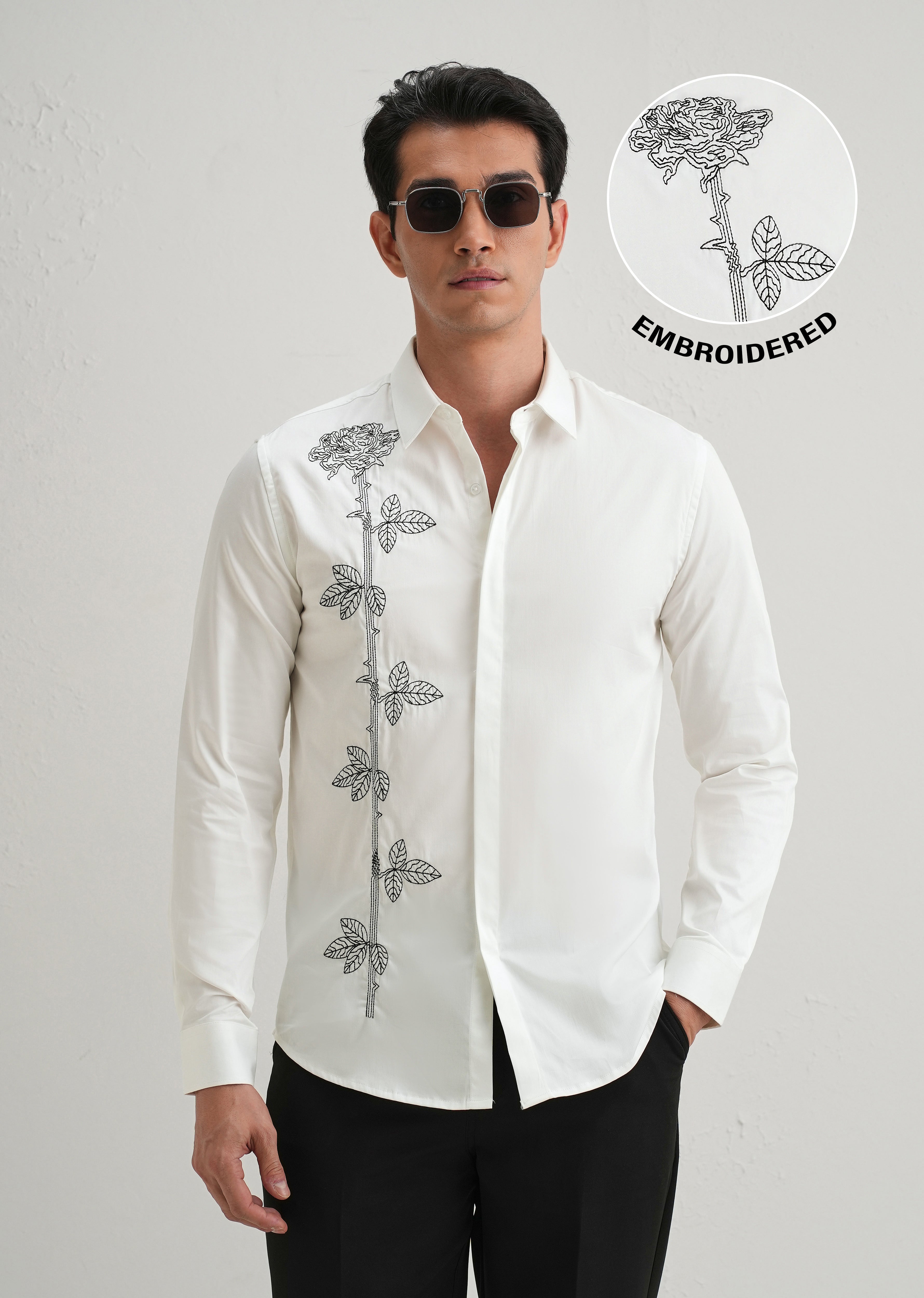 Rose Needle Work White Shirt