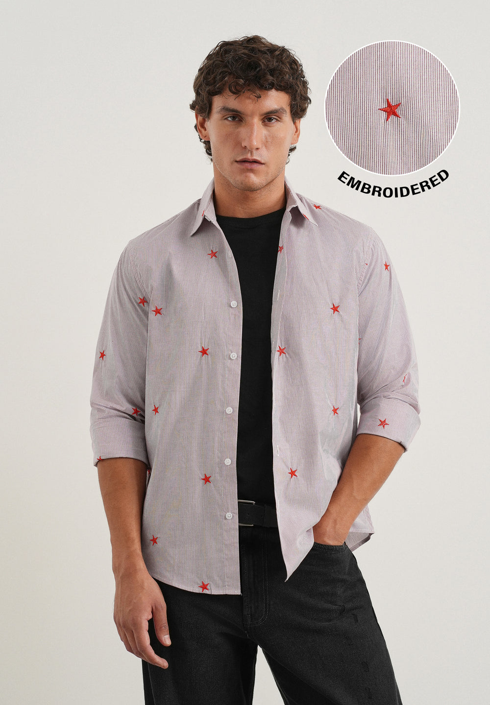 Mauve Stellar Embroidered Cotton Stripe Shirt