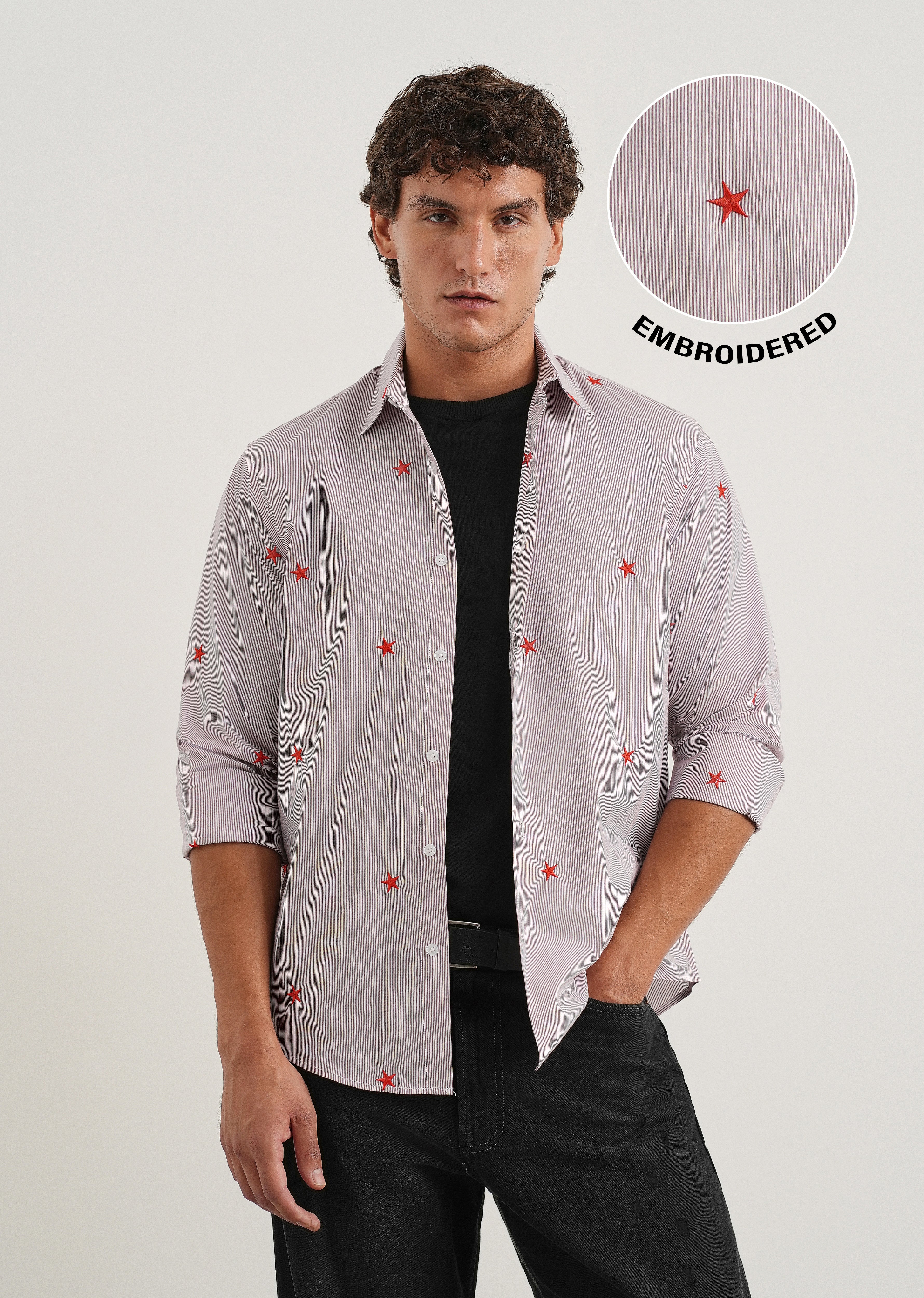 Mauve Stellar Embroidered Cotton Stripe Shirt