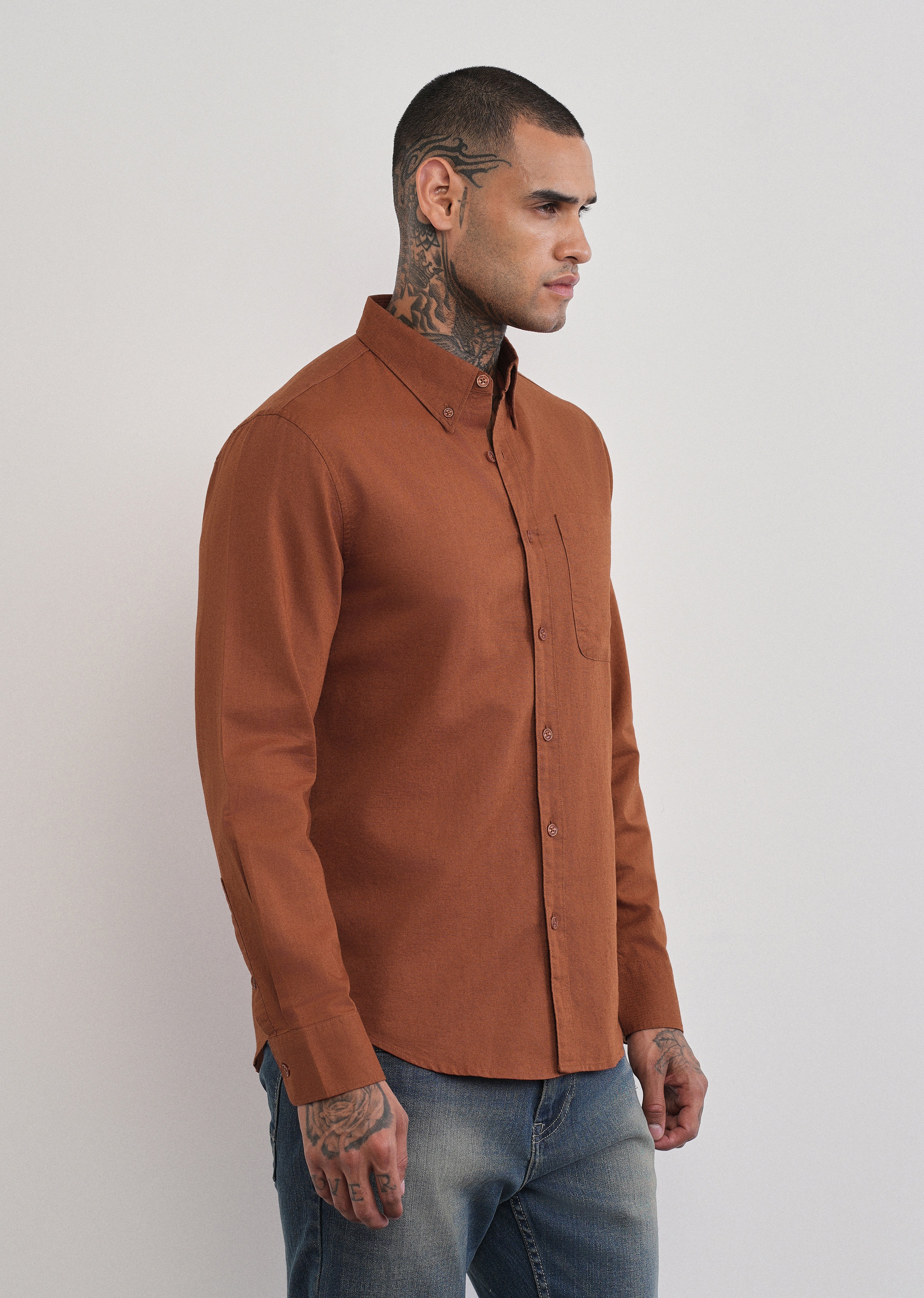 Rust Brown Cotton Linen Plain Shirt