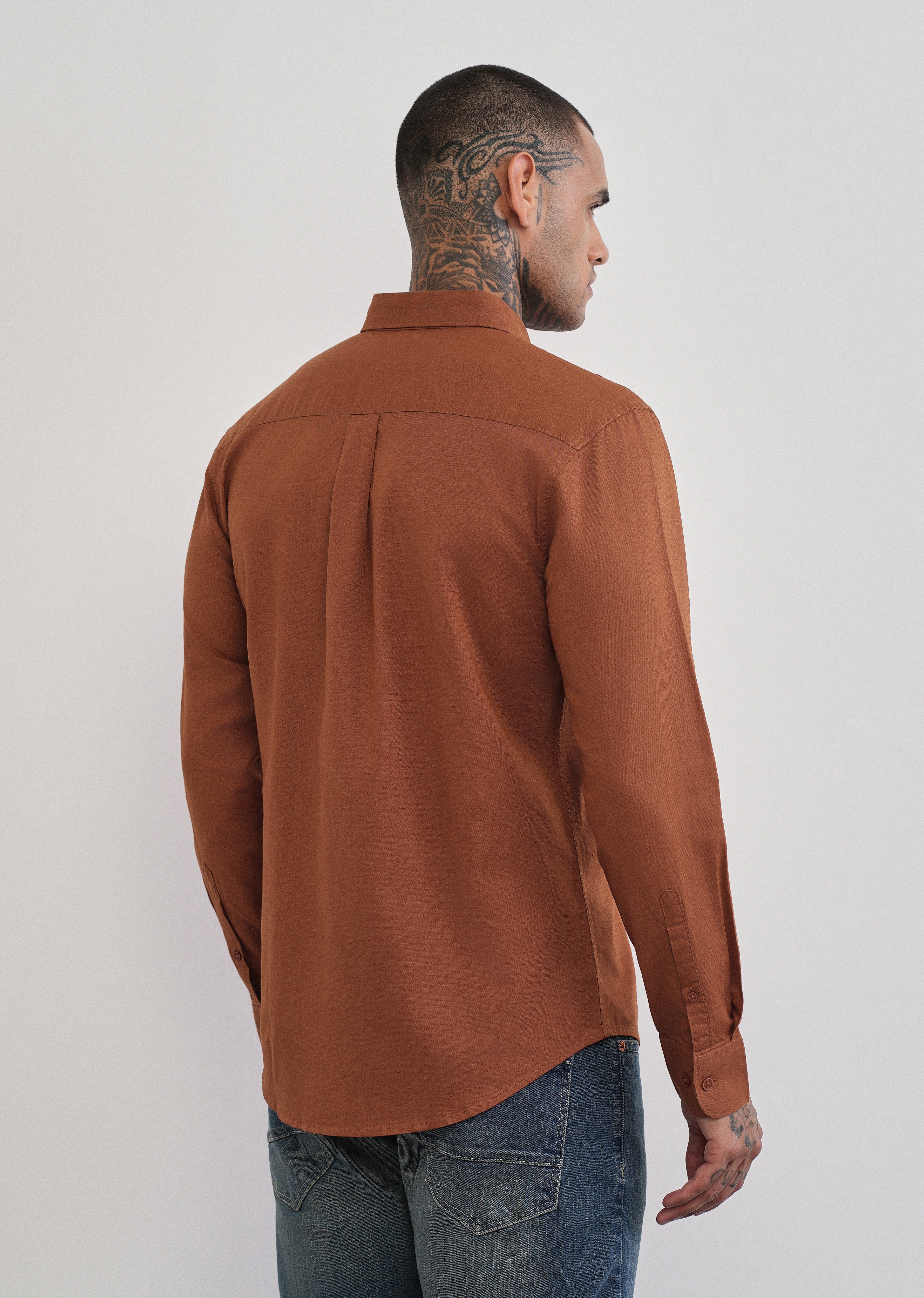 Rust Brown Cotton Linen Plain Shirt