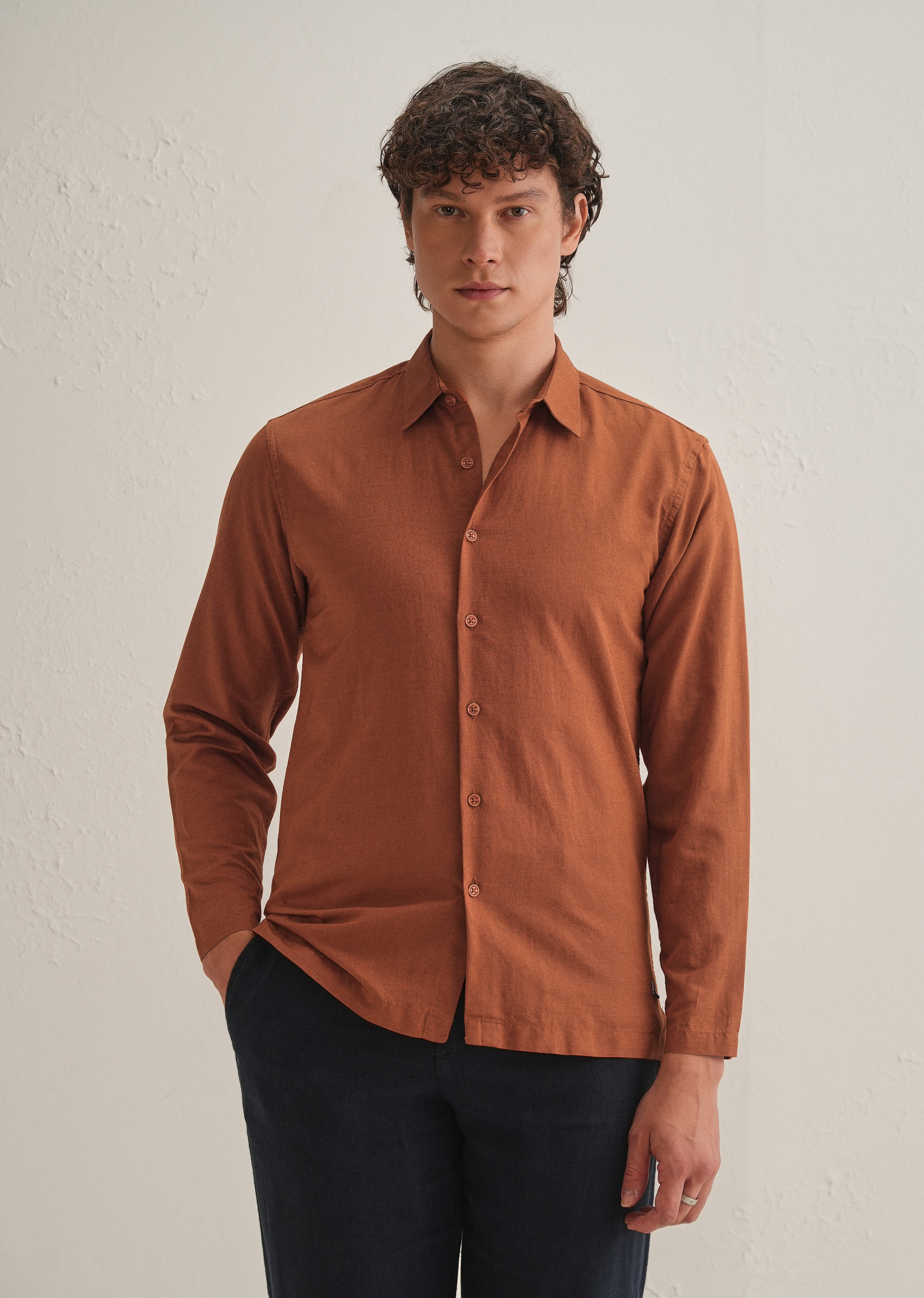 Rust Brown Hidden Sleeve Placket Cotton Linen Shirt