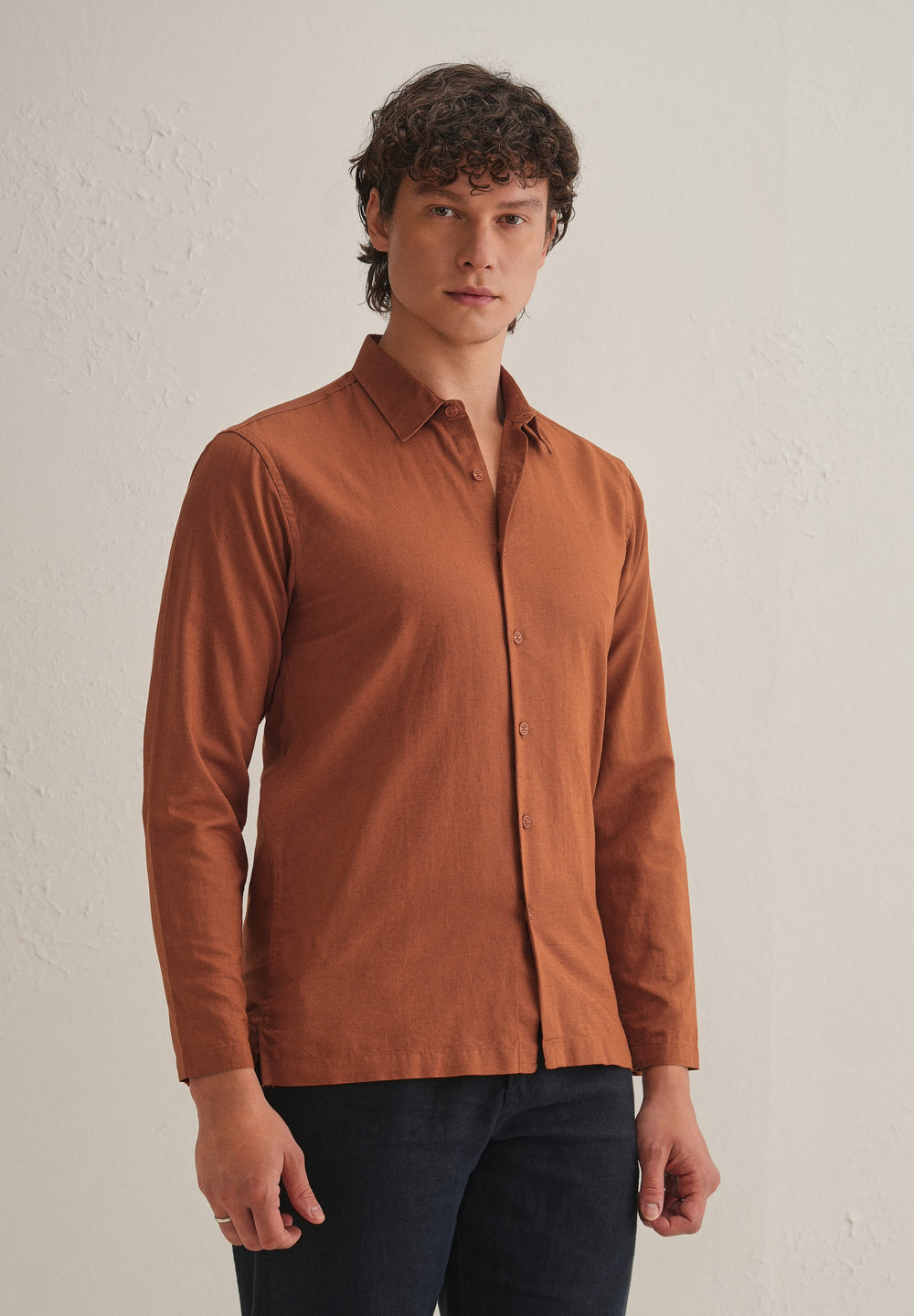 Rust Brown Hidden Sleeve Placket Cotton Linen Shirt