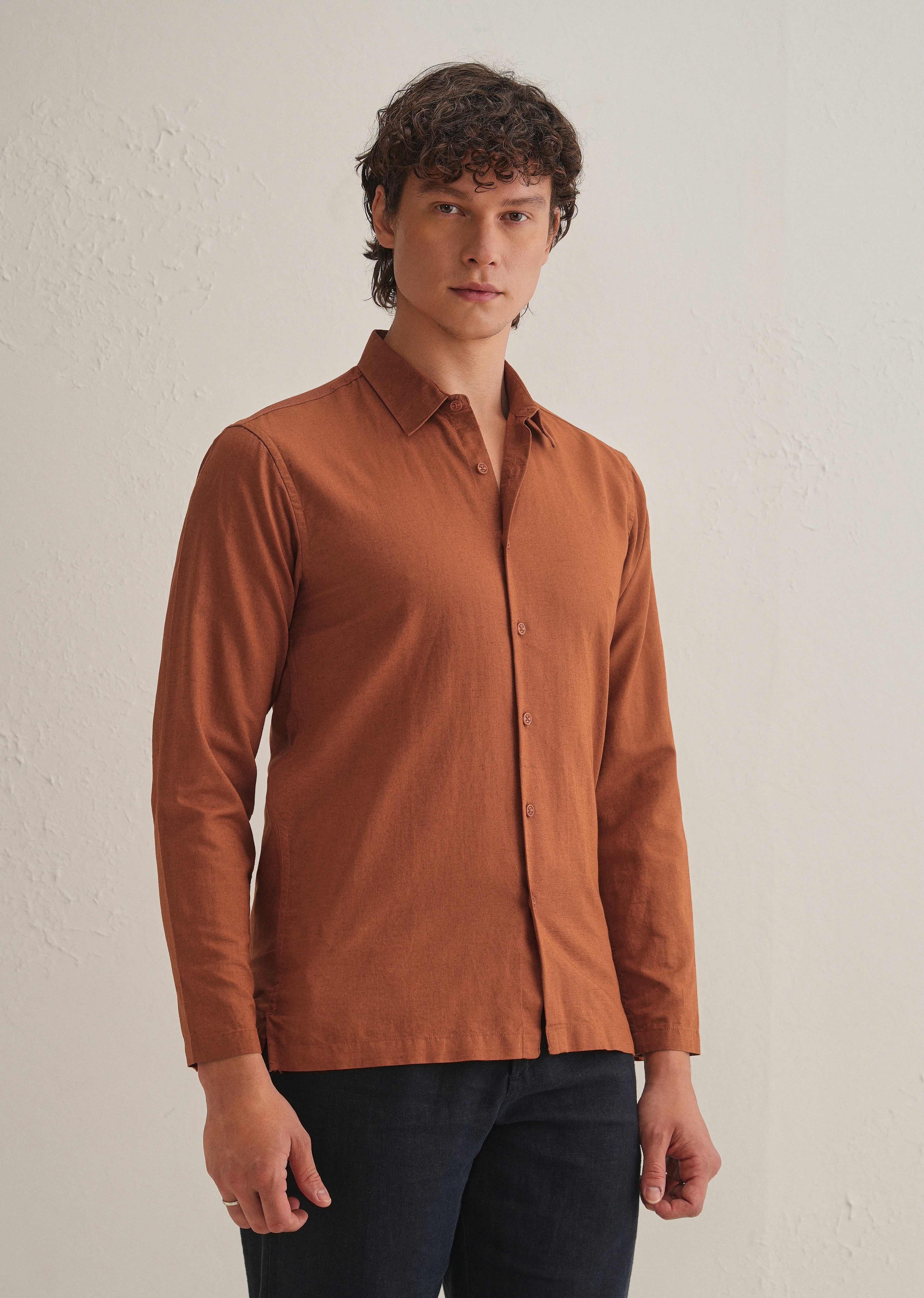 Rust Brown Hidden Sleeve Placket Cotton Linen Shirt