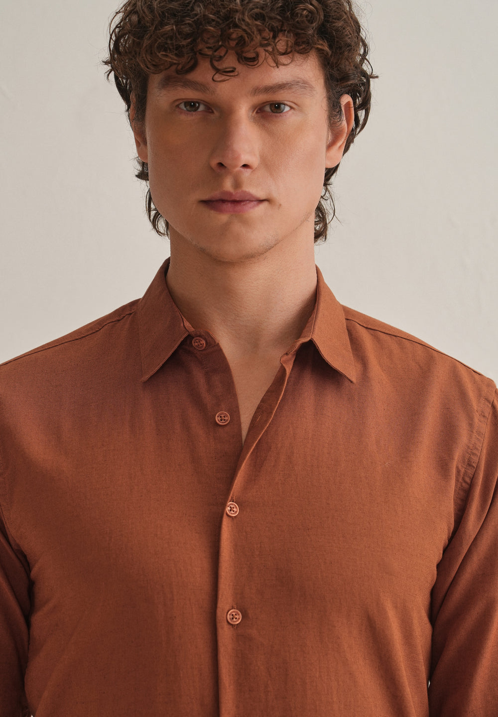 Rust Brown Hidden Sleeve Placket Cotton Linen Shirt