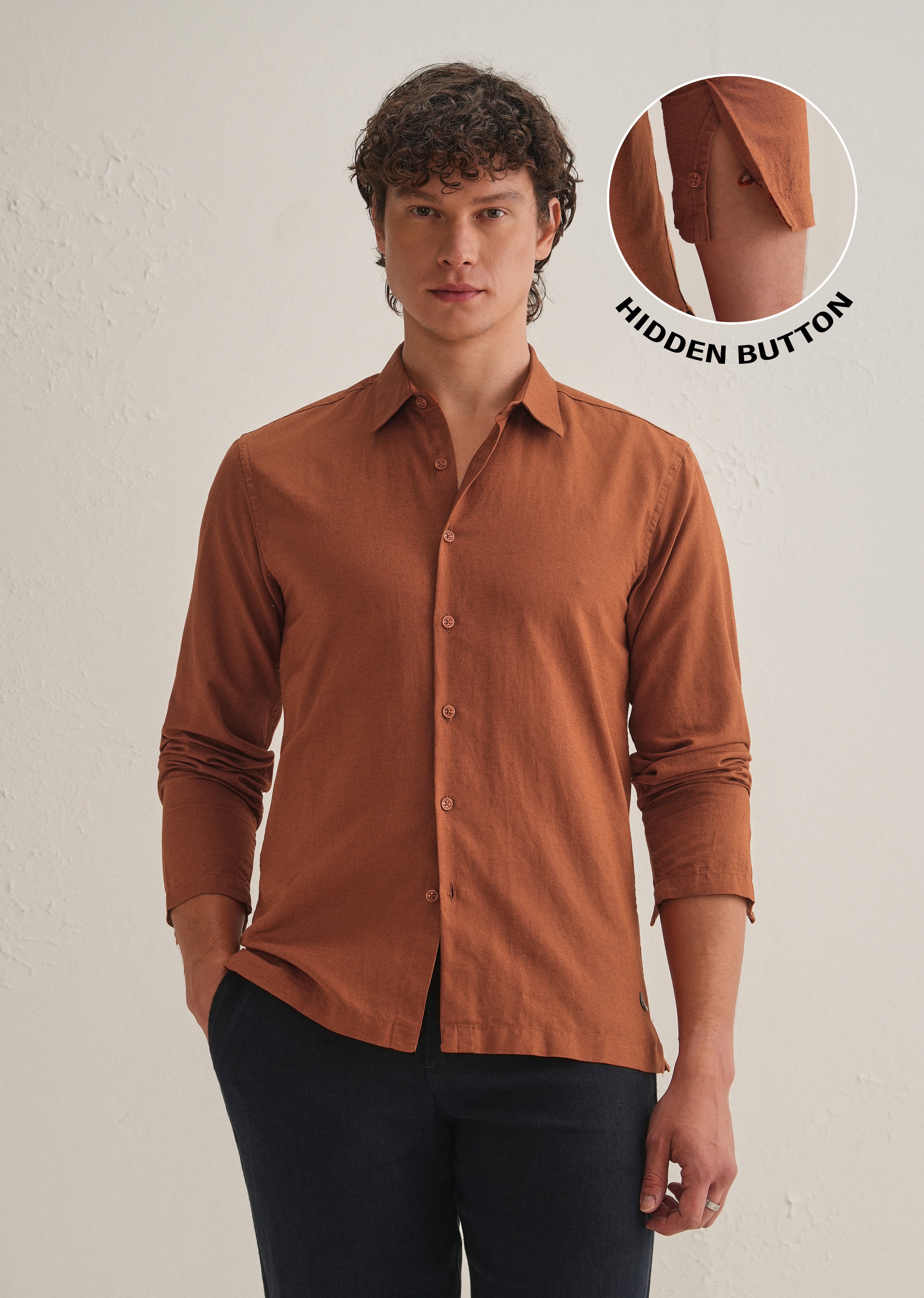Rust Brown Hidden Sleeve Placket Cotton Linen Shirt