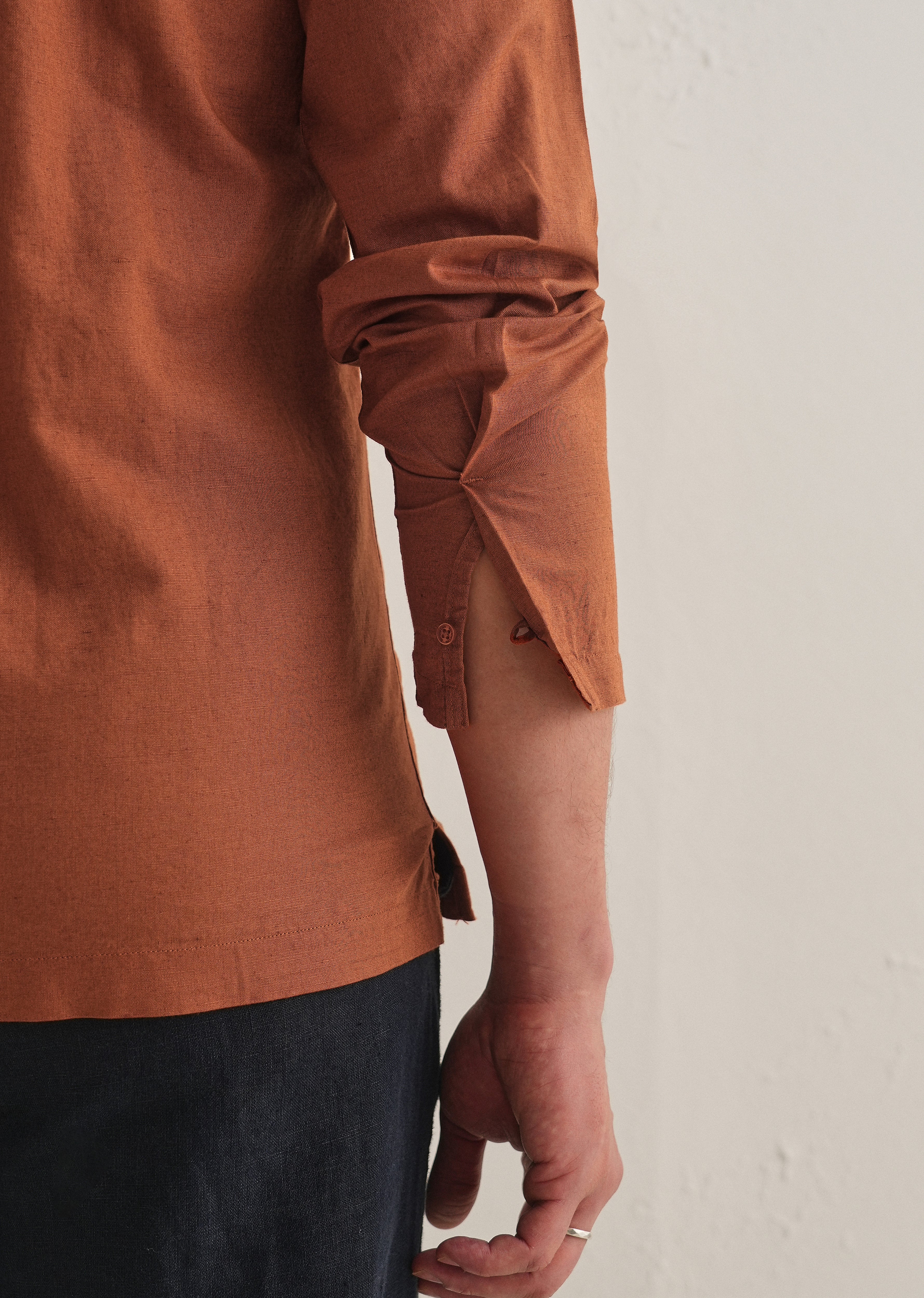 Rust Brown Hidden Sleeve Placket Cotton Linen Shirt