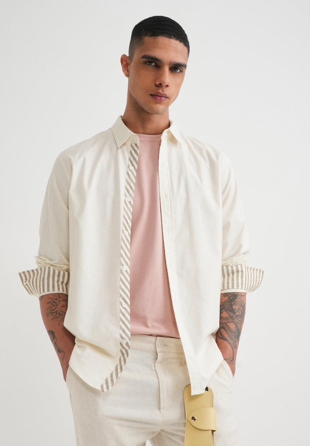 Ivory Striped Placket Cotton Shirt