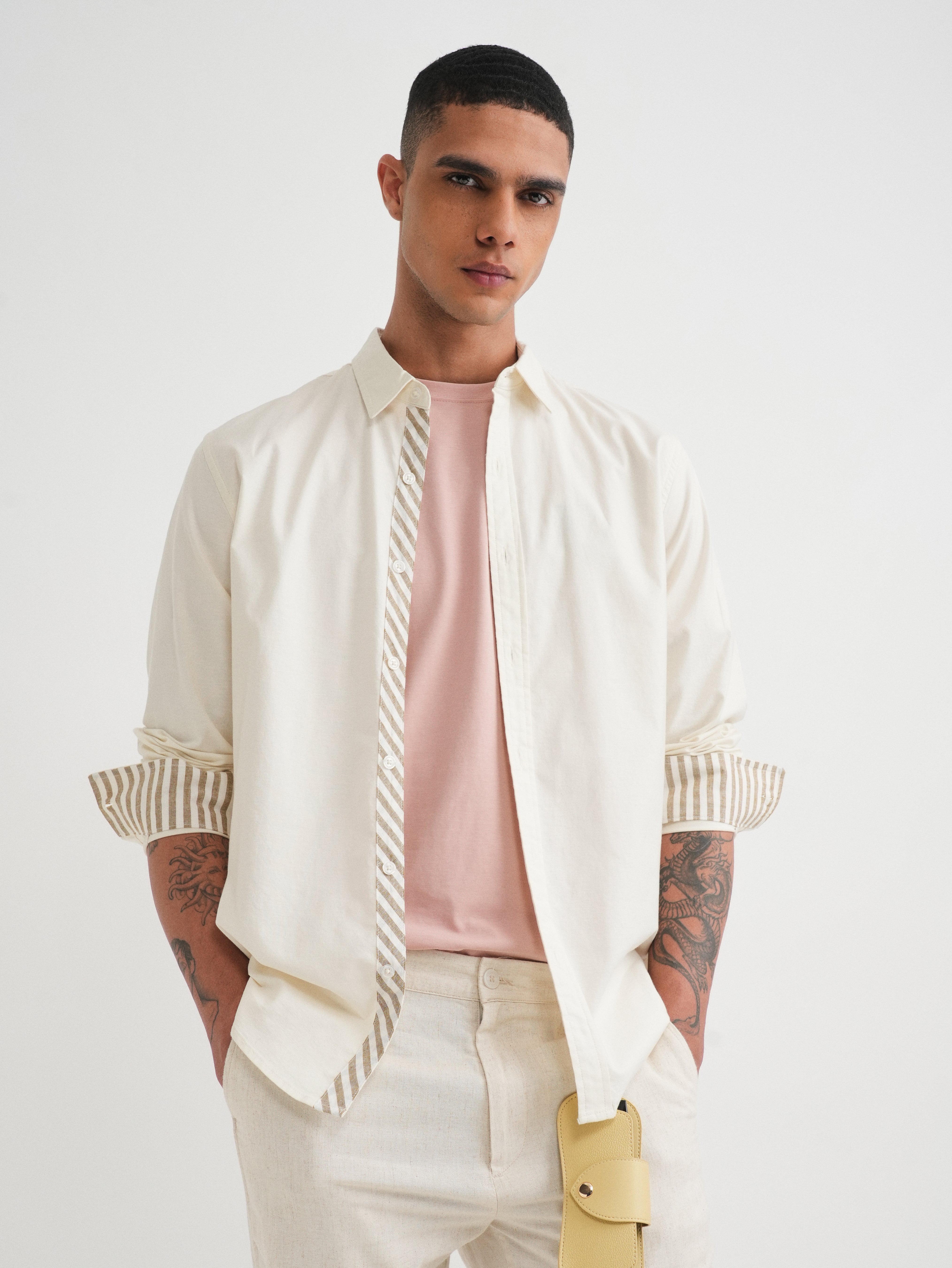 Ivory Striped Placket Cotton Shirt