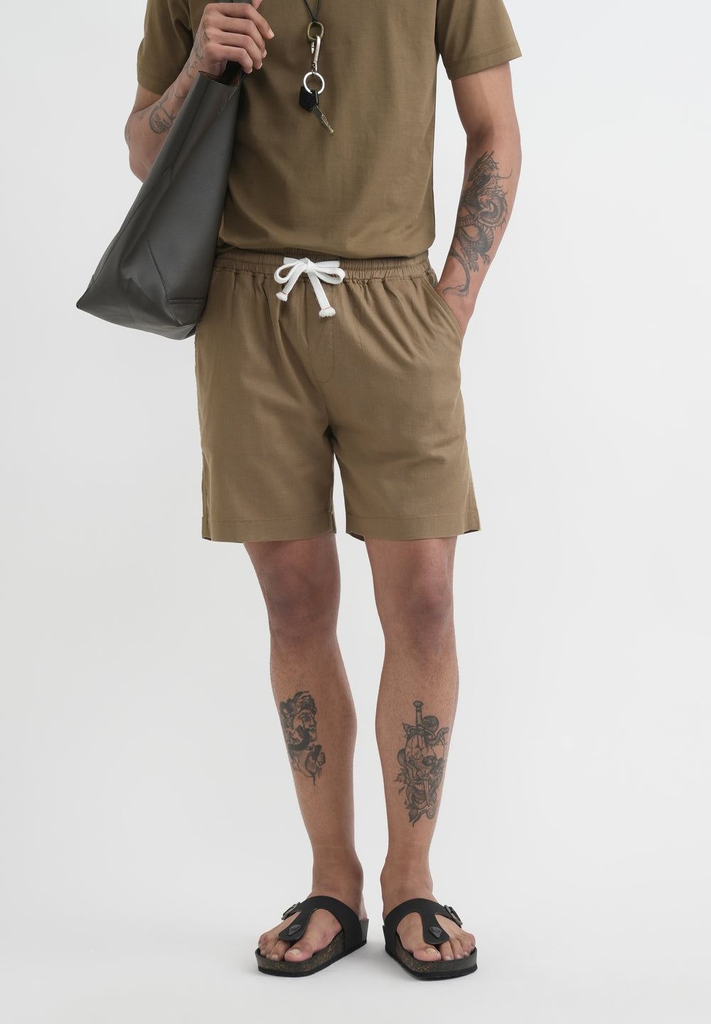 Khaki Cotton Blend Shorts