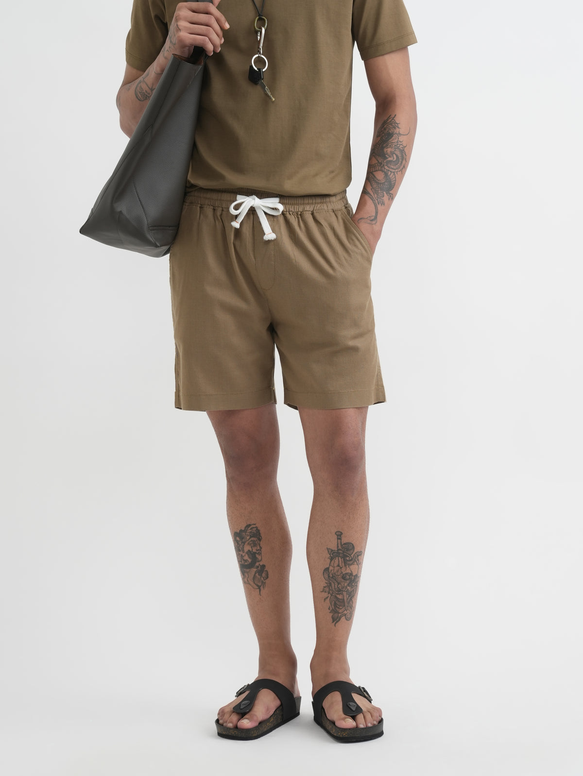 Khaki Cotton Blend Shorts
