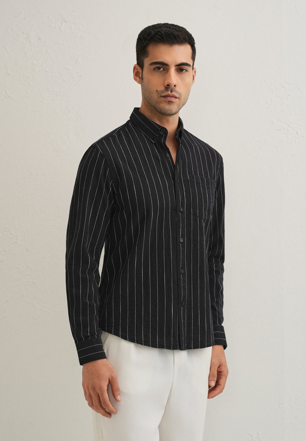 Sable Black Striped Cotton Linen Shirt