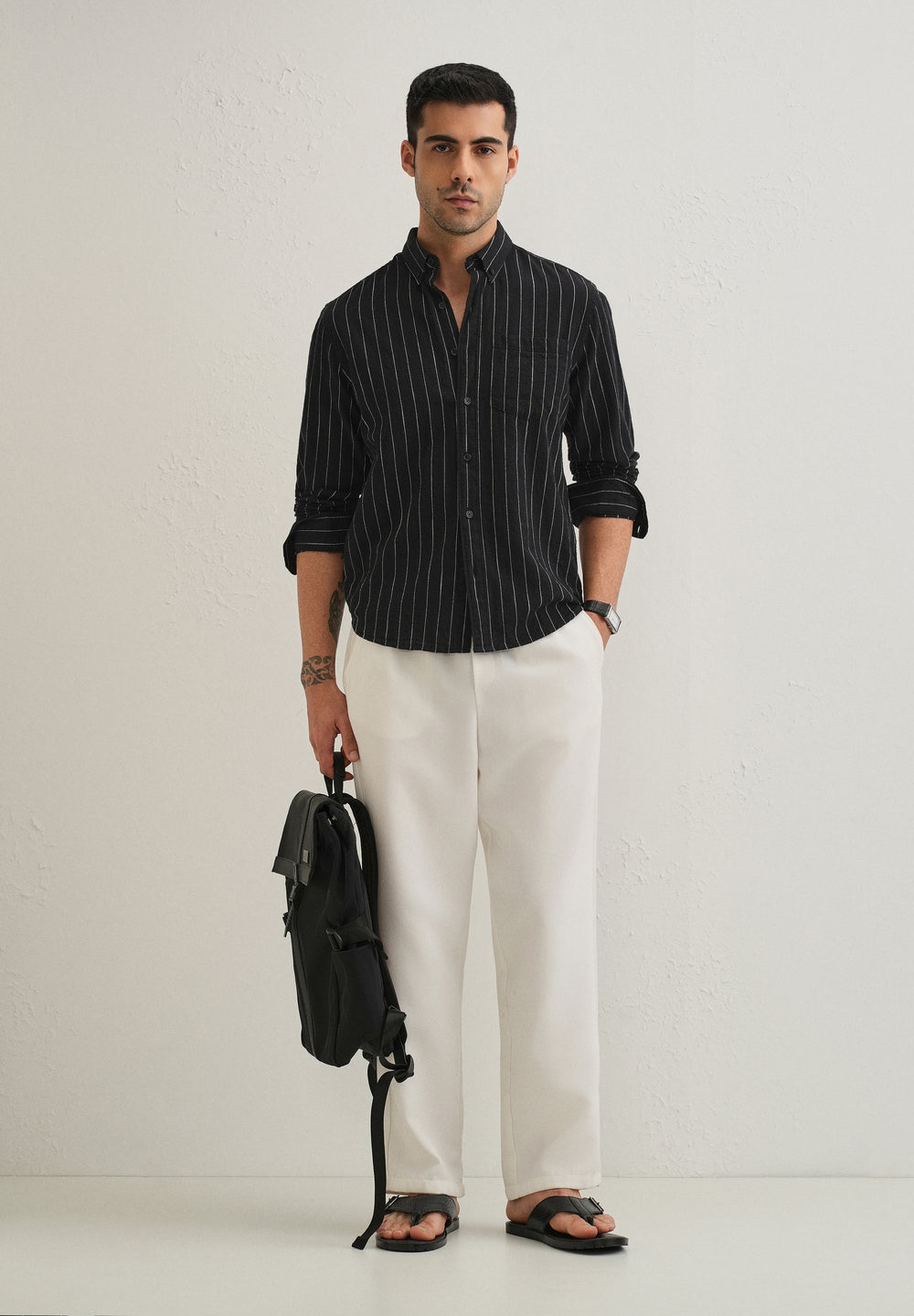 Sable Black Striped Cotton Linen Shirt