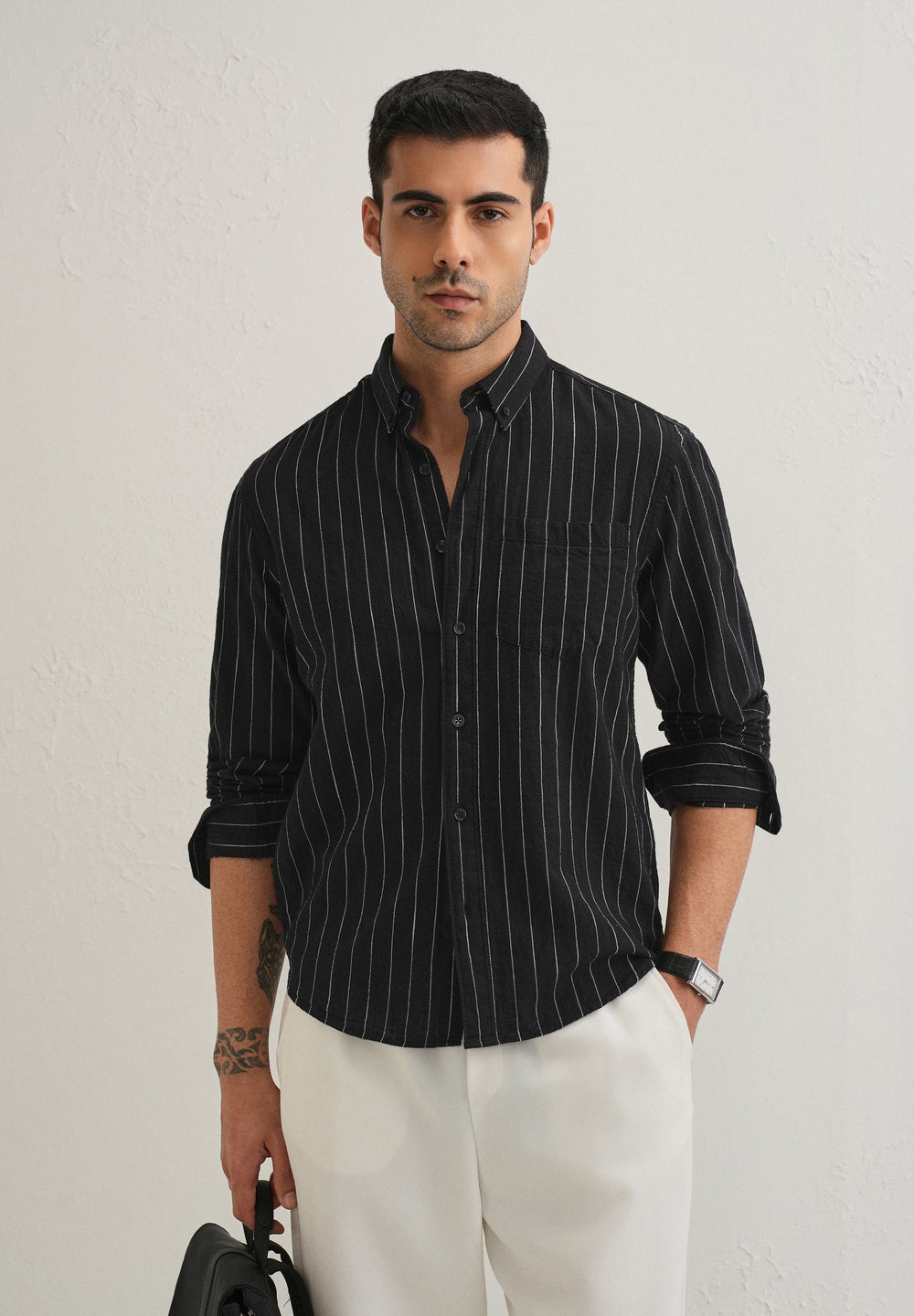 Sable Black Striped Cotton Linen Shirt