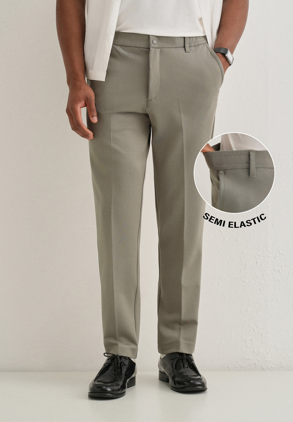 Sage Green Semi Elasticated Slim Fit Trouser