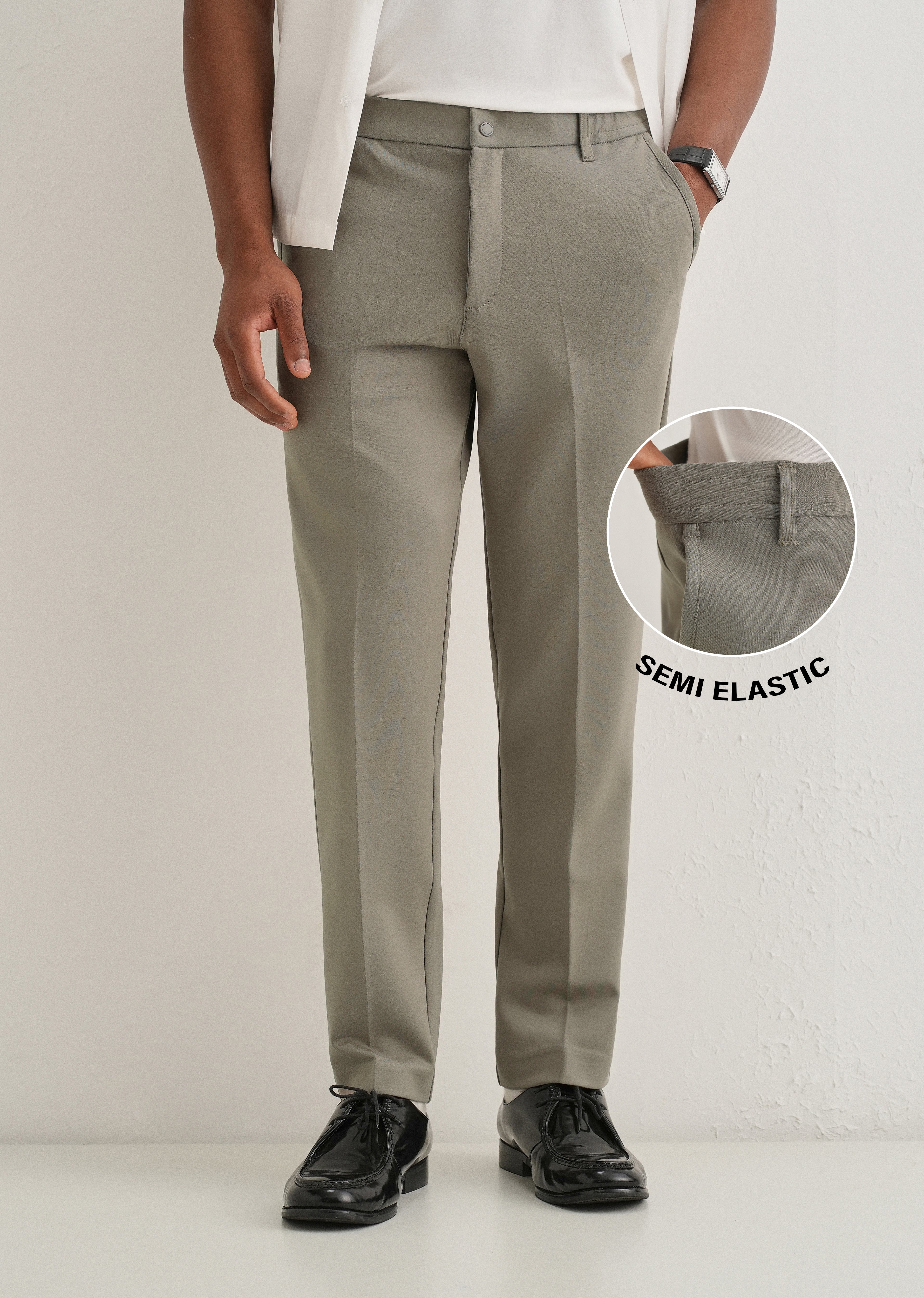 Sage Green Semi Elasticated Slim Fit Trouser
