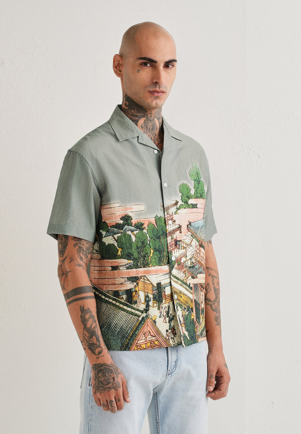 Sage Grey Scenic Placement Print Shirt