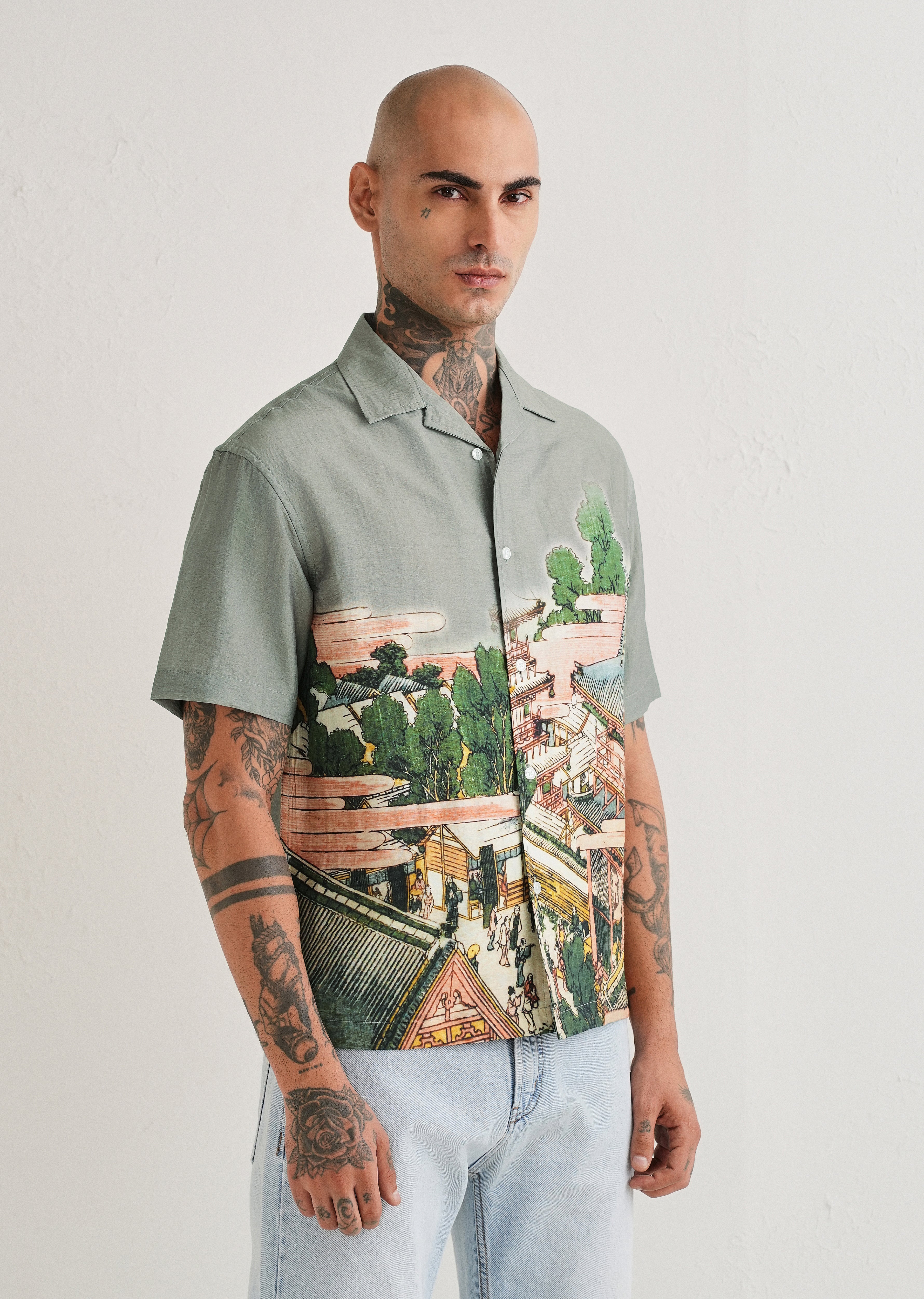Sage Grey Scenic Placement Print Shirt