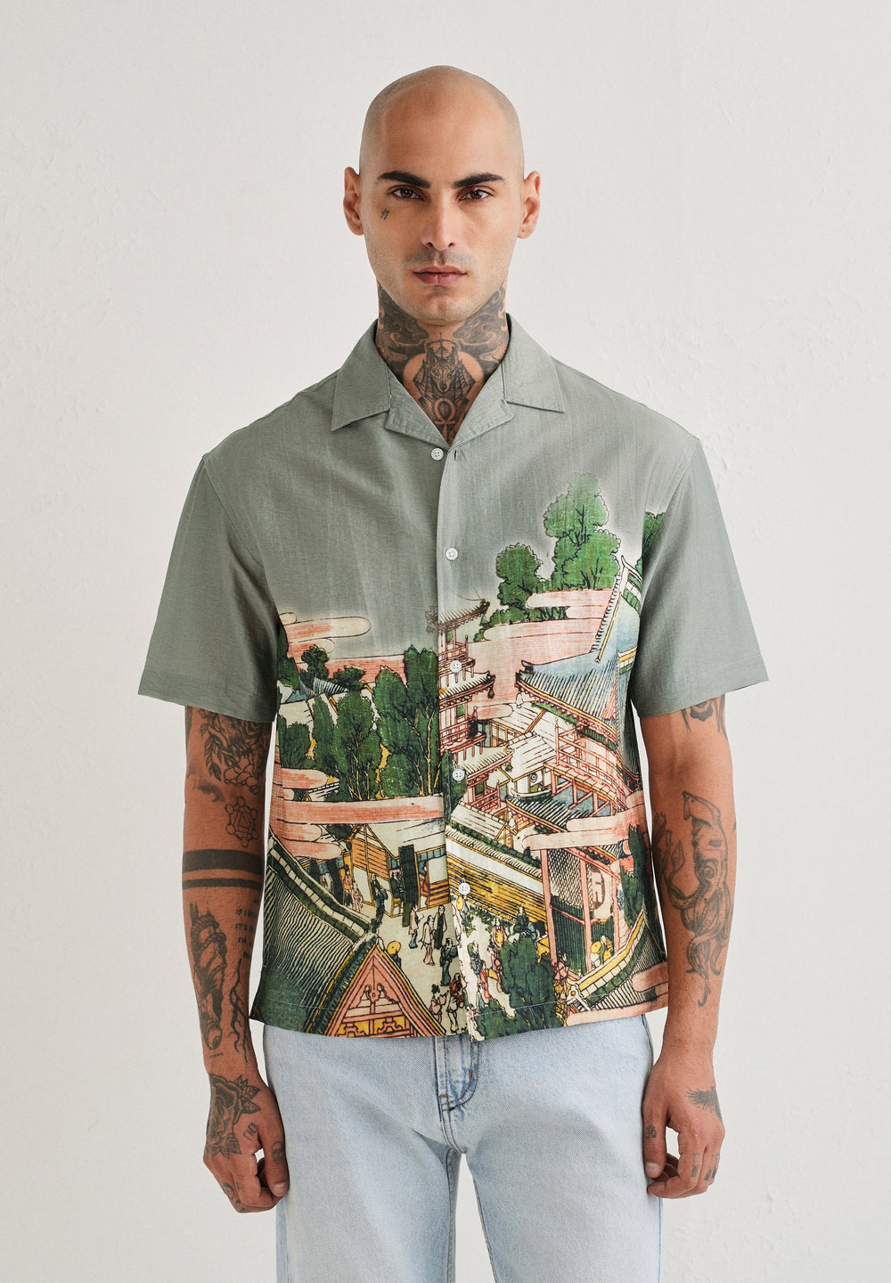 Sage Grey Scenic Placement Print Shirt