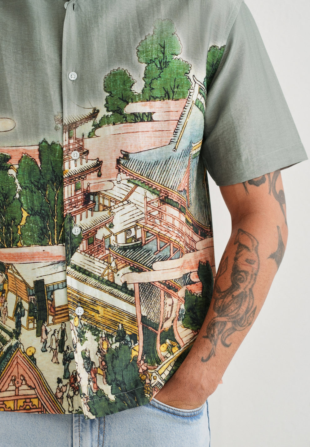 Sage Grey Scenic Placement Print Shirt