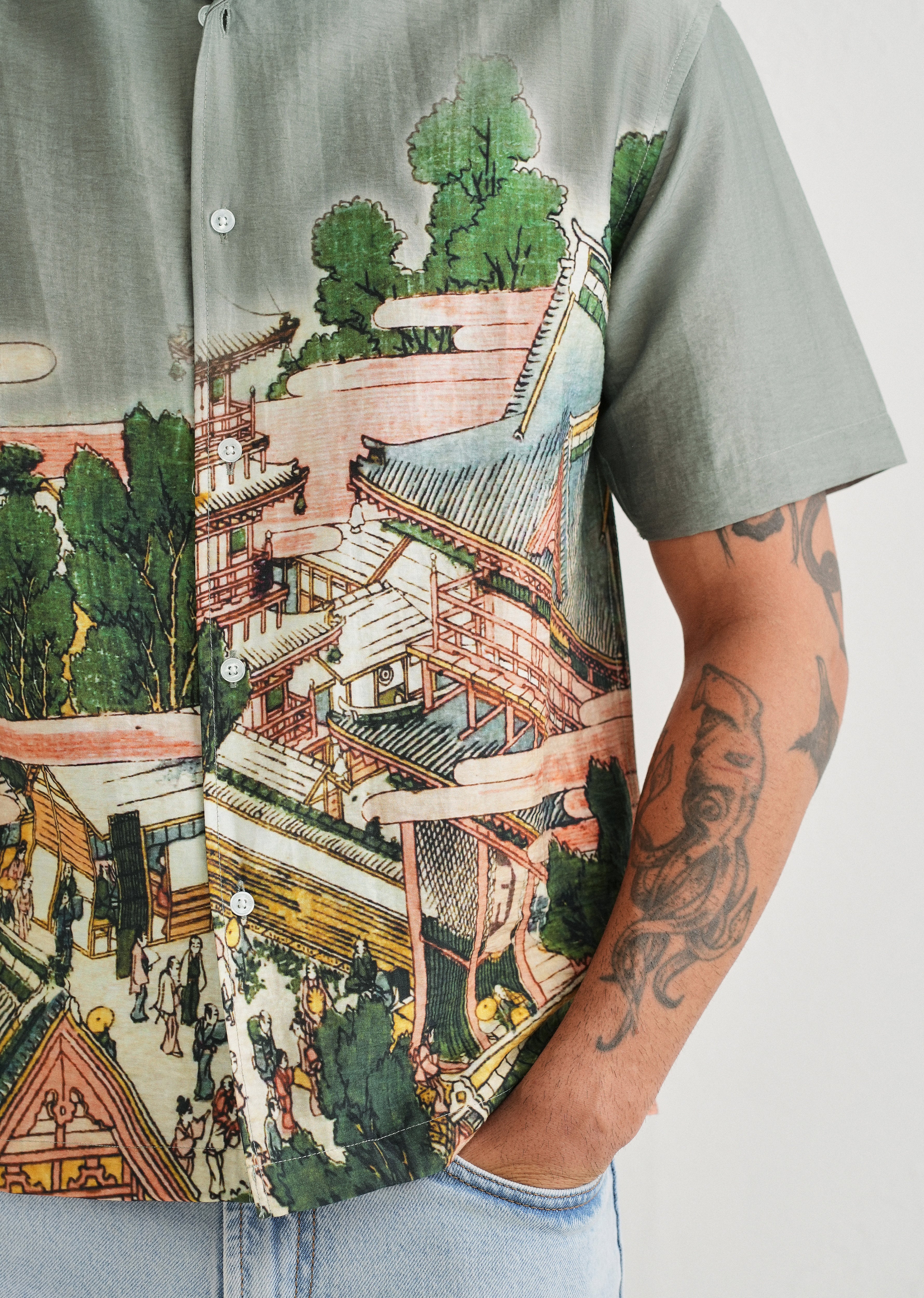 Sage Grey Scenic Placement Print Shirt